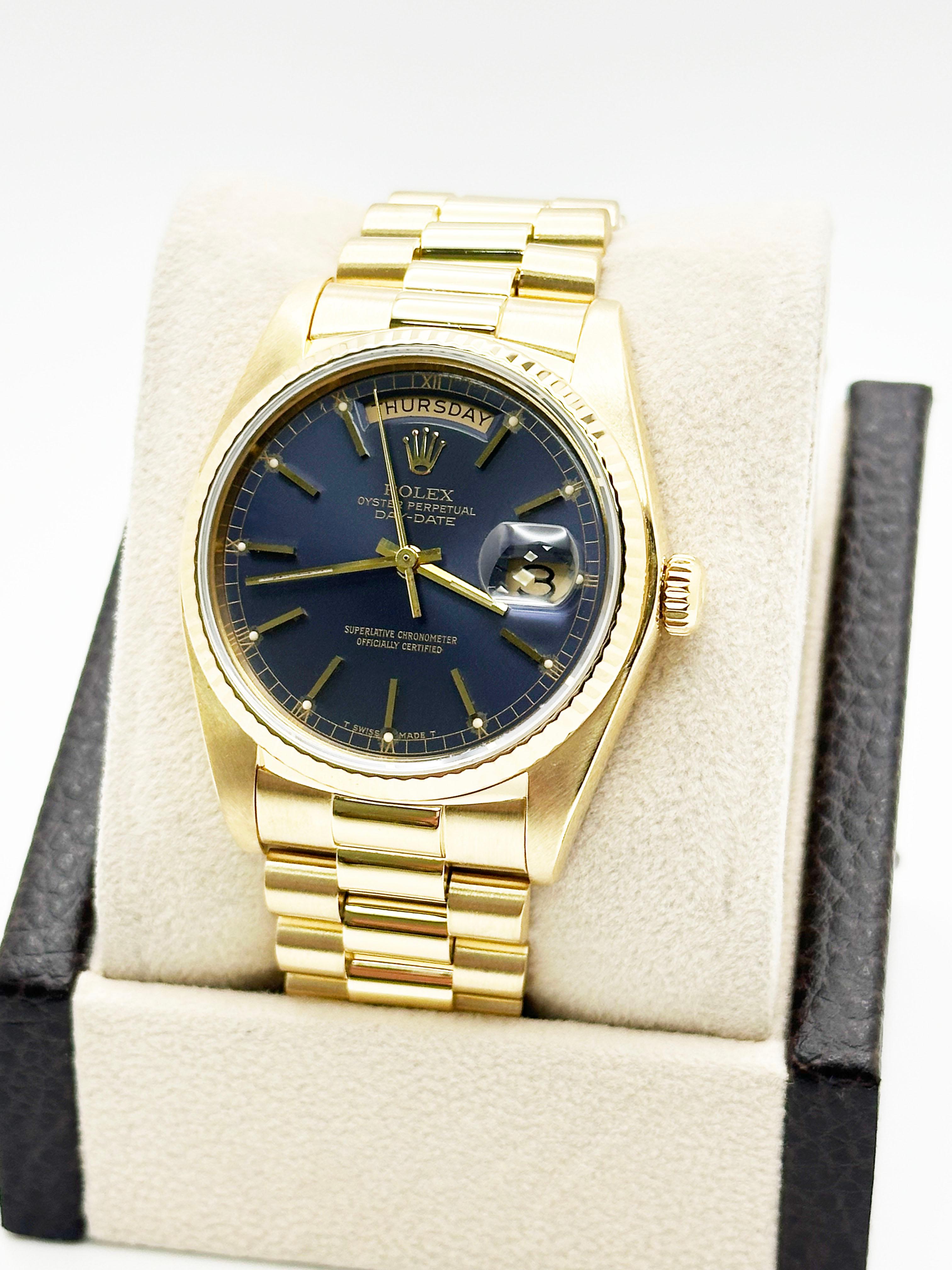 Rolex President Day Date 18038 Factory Original Blue Dial 18K Yellow Gold 36mm In Excellent Condition For Sale In San Diego, CA