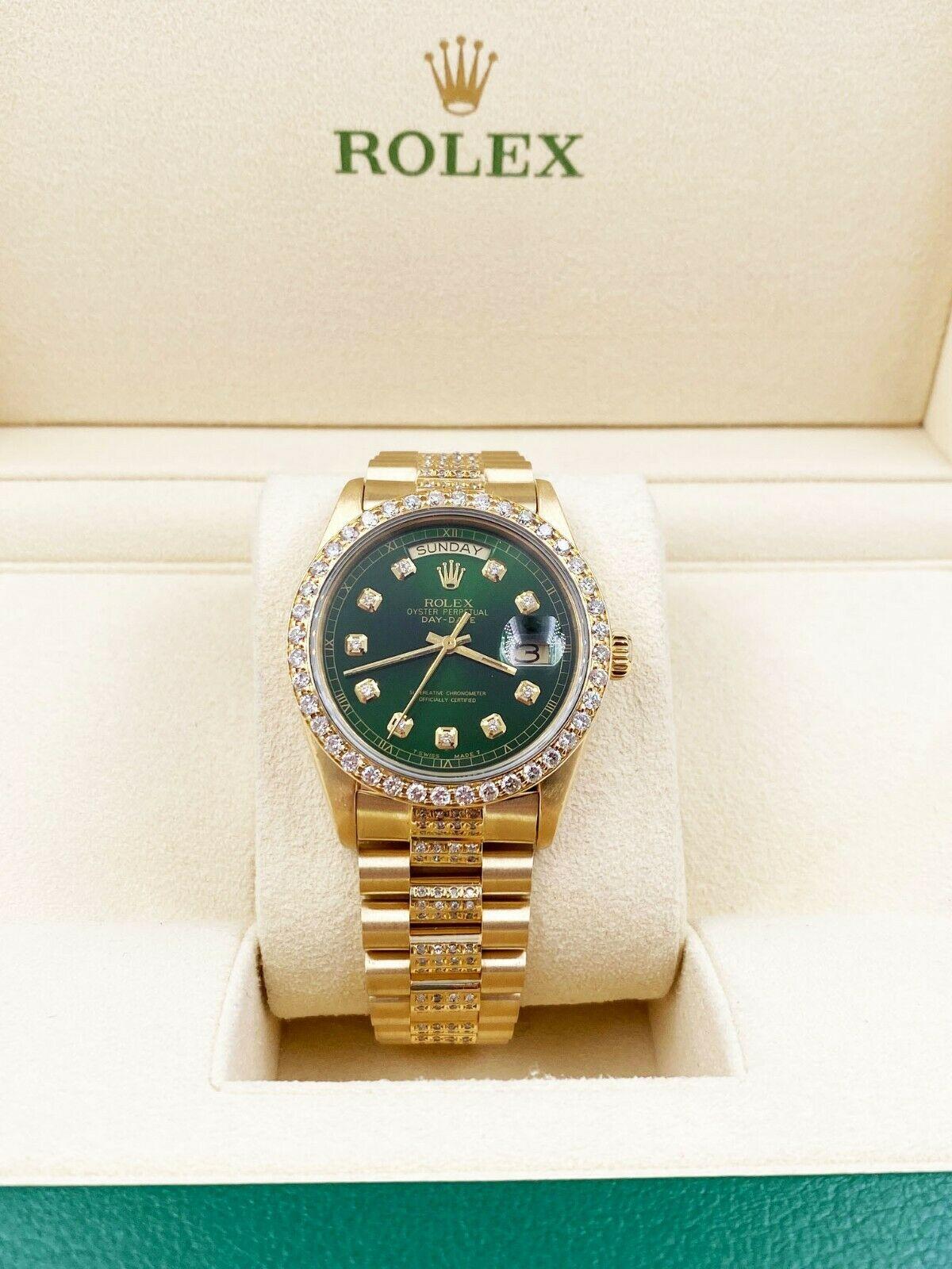 Men's Rolex President Day Date 18038 Green Diamond Dial Bezel Band 18 Karat Gold