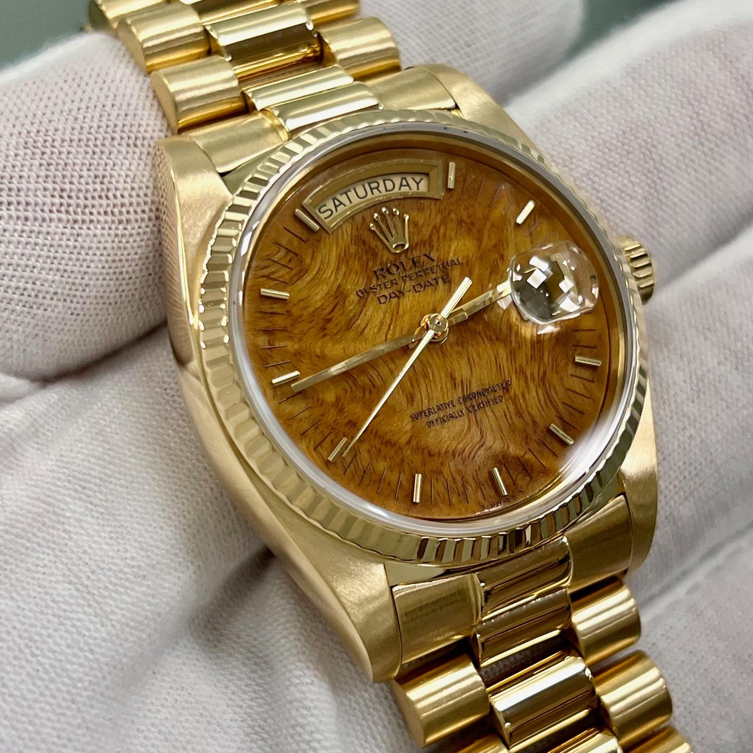 Rolex Day Date 18038 RARO Quadrante Wood Oro Giallo 18K Scatola Documenti in vendita 3