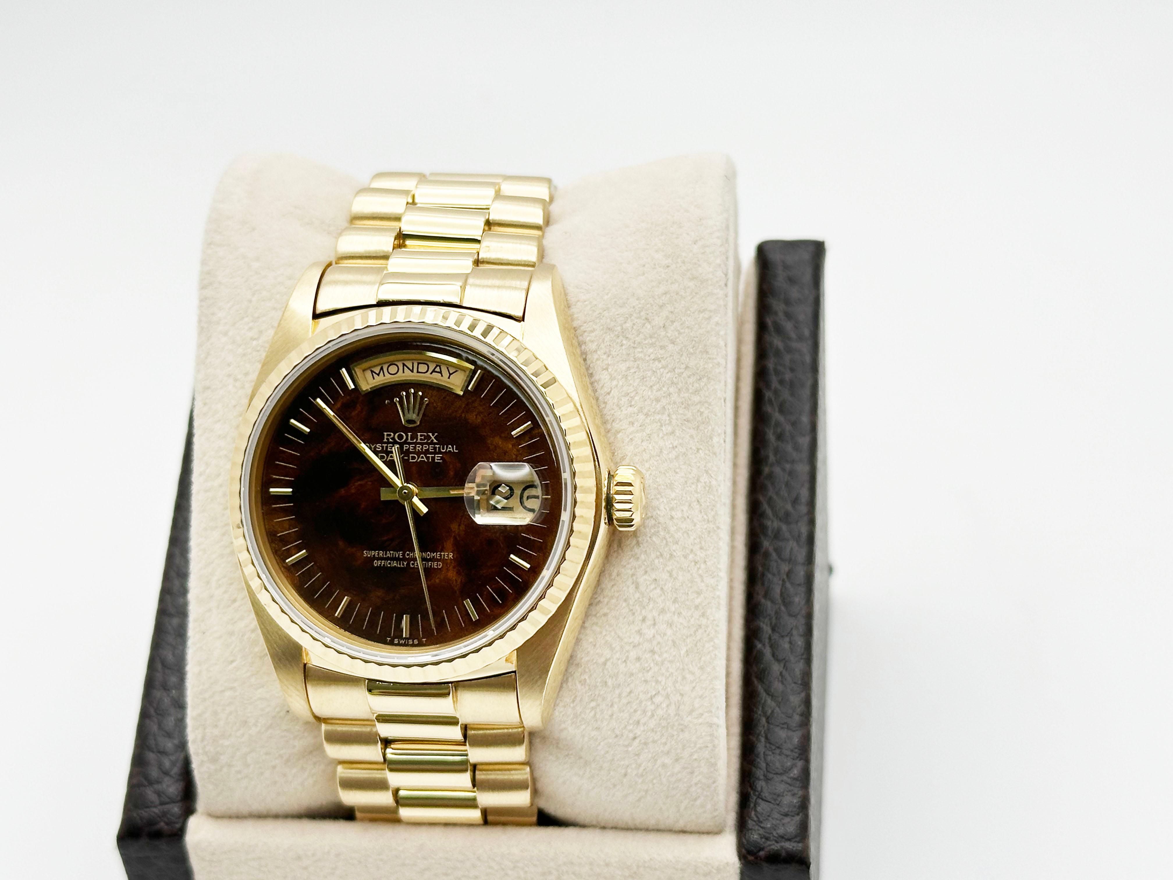 Rolex President Day Date 18038 Wood Dial Walnut Dial 18K Yellow Gold 36mm In Excellent Condition In San Diego, CA