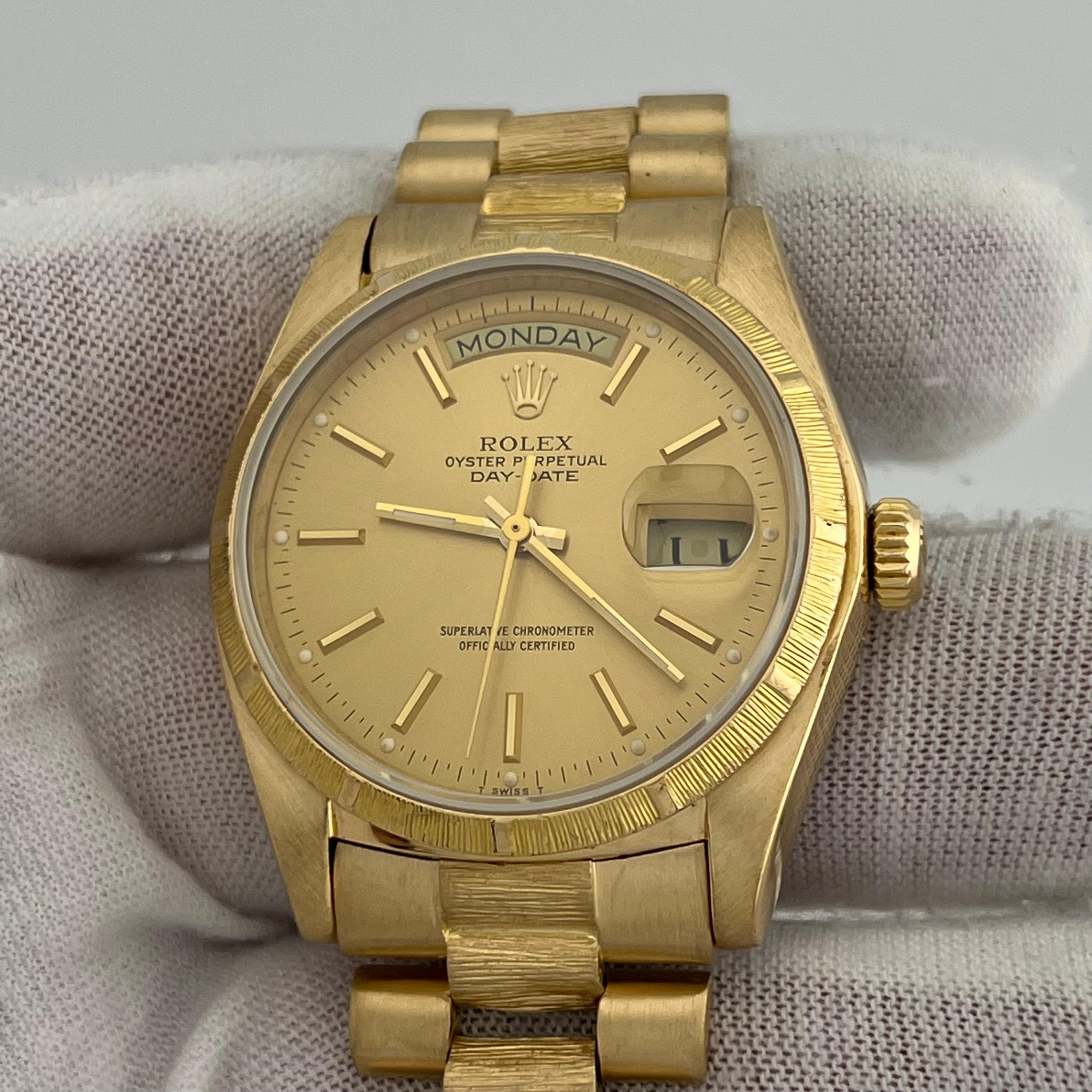 Rolex President Day-Date 18078 36mm Finition écorce Cadran Champagne Or jaune 18k en vente 3