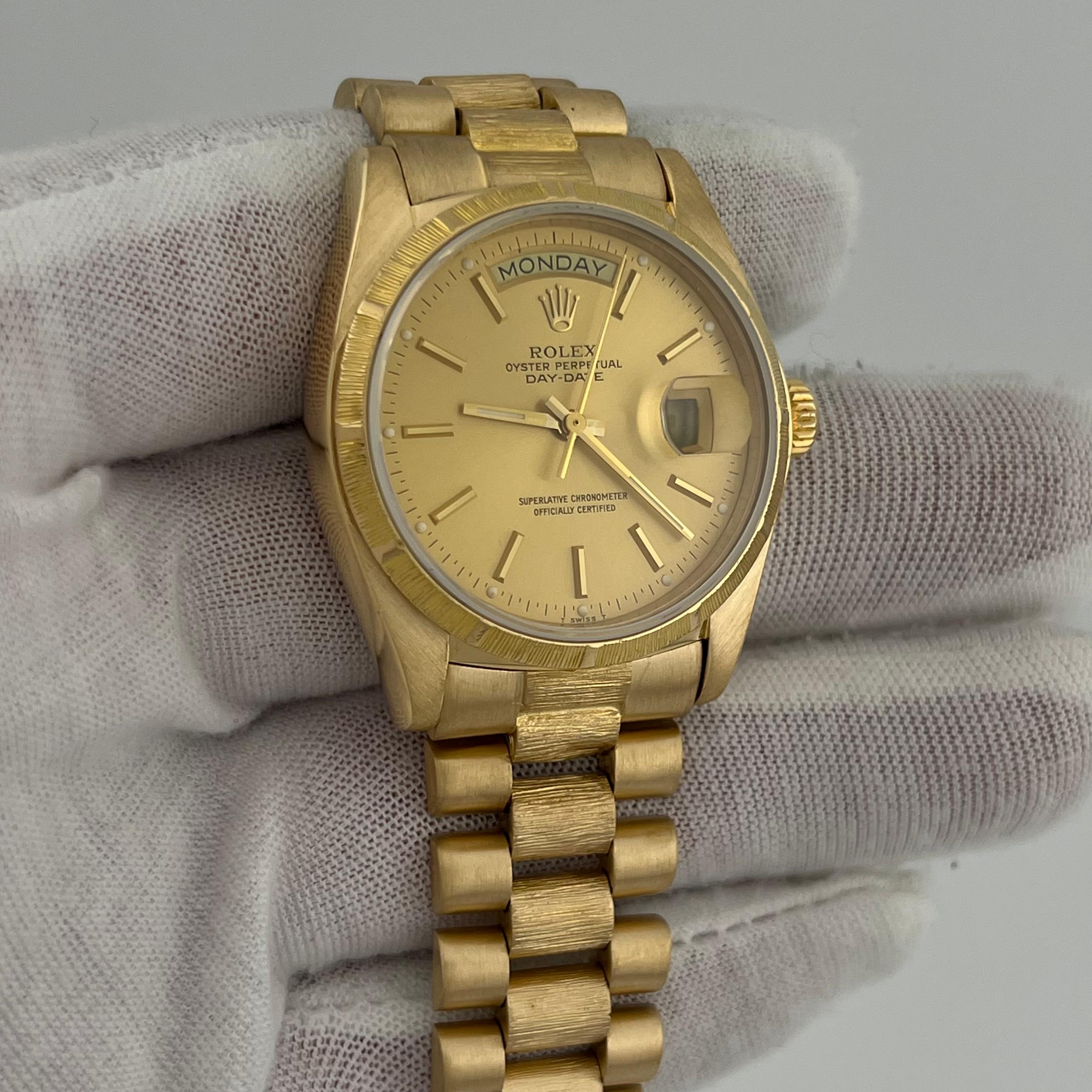 Rolex President Day-Date 18078 36mm Finition écorce Cadran Champagne Or jaune 18k en vente 4