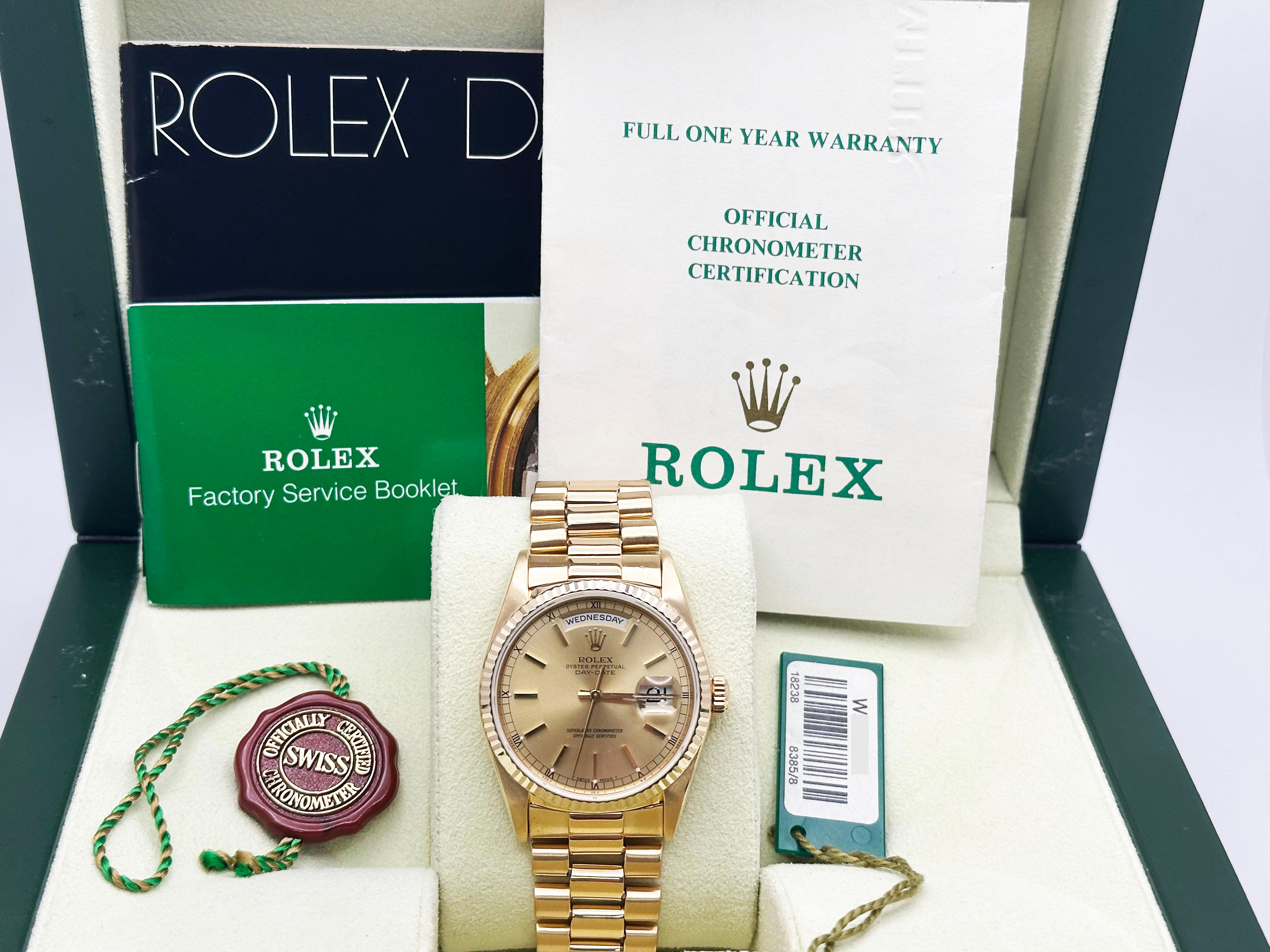 Rolex President Day Date 18238 18K Yellow Gold Box Paper 36mm For Sale 3