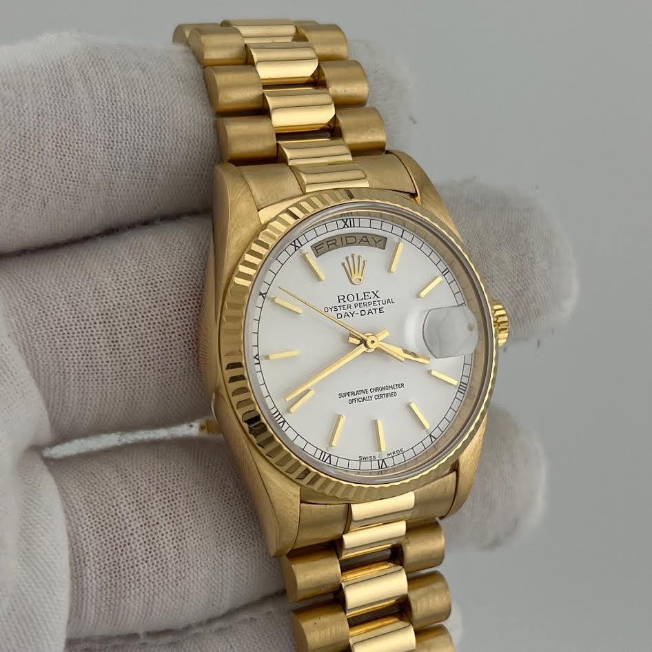 Rolex President Day Date 18238 36mm Double Quickset Cadran Blanc Or Jaune 18K en vente 3