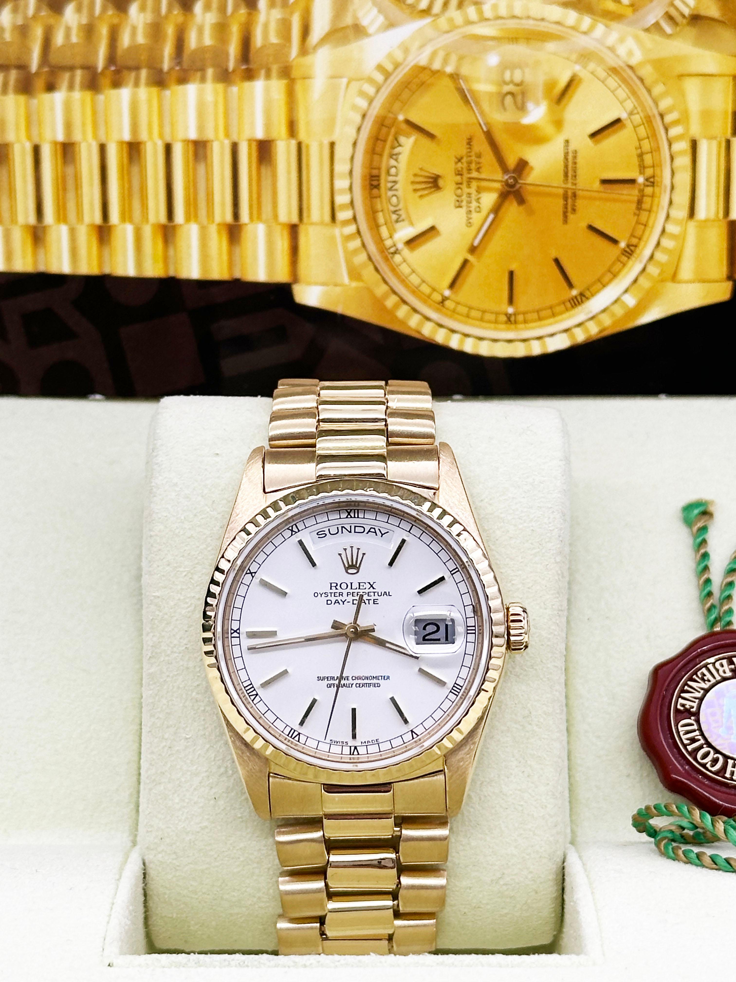 Rolex President Day Date 18238 36mm White Dial Double Quickset 18K Gold Box 6