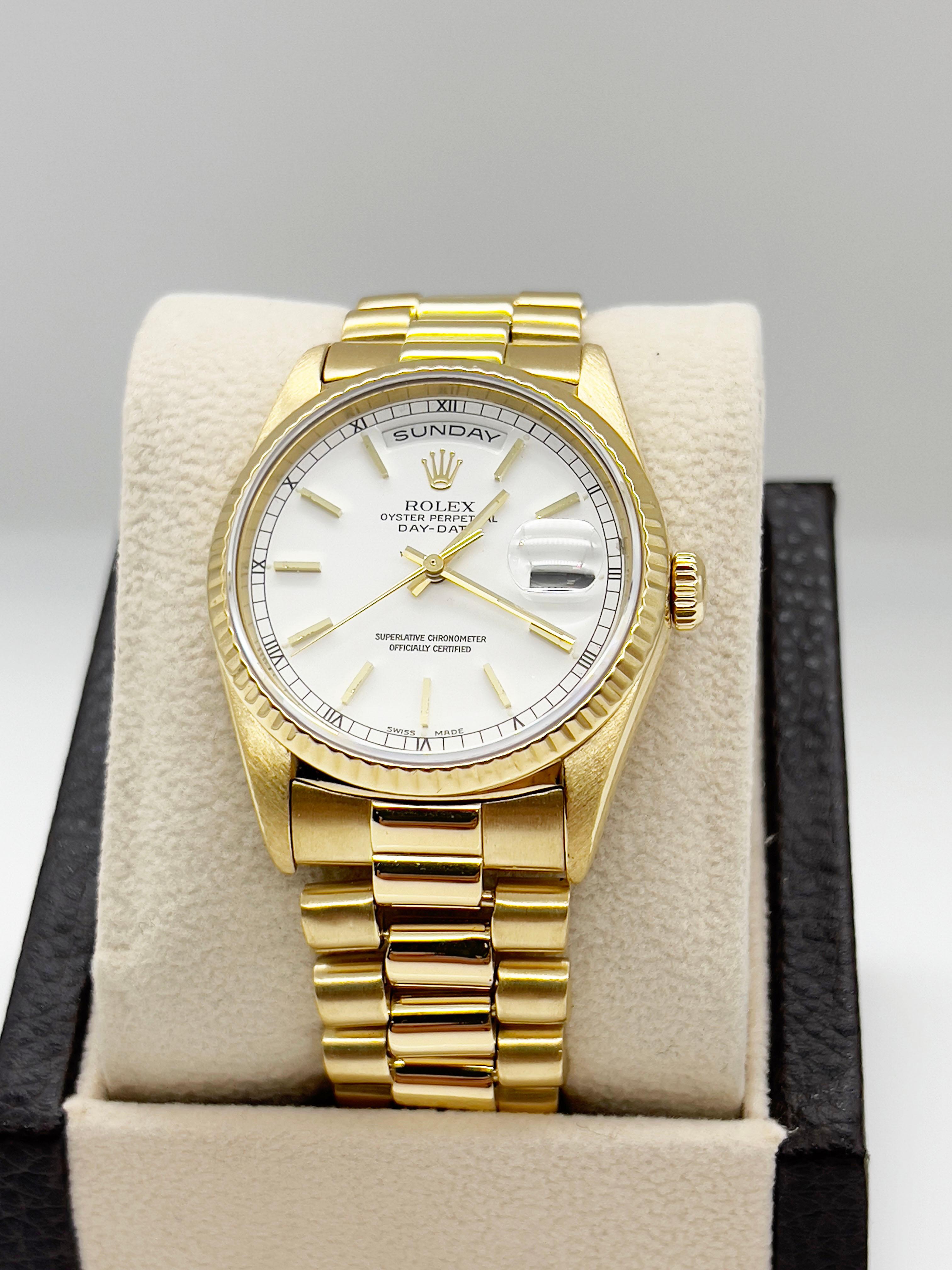Rolex President Day Date 18238 36mm White Dial Double Quickset 18K Gold Box In Excellent Condition In San Diego, CA