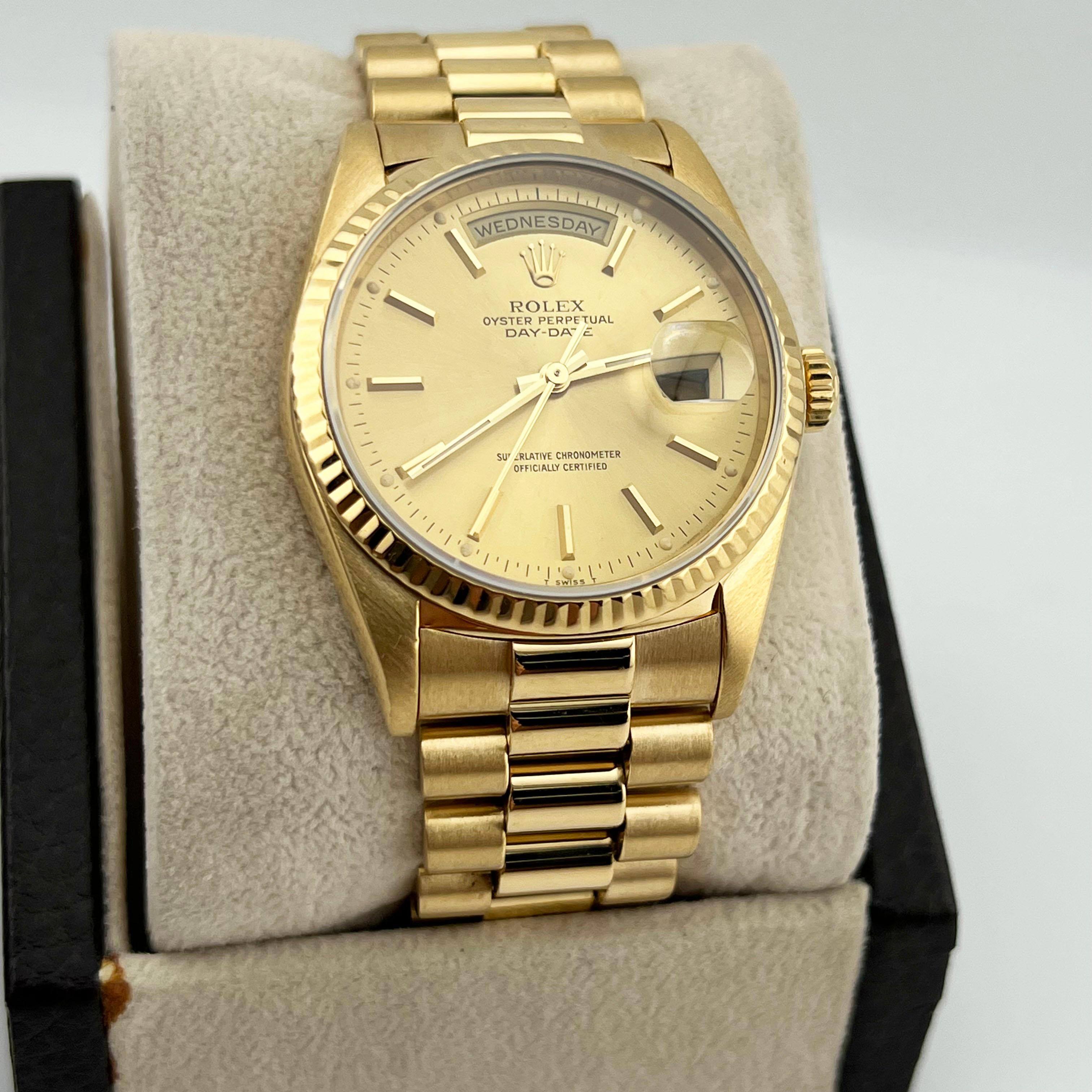 Style Number: 18238

Serial: E666***

Year: 1990

Model: Rolex President Day Date 

Case Material: 18K Yellow Gold 

Band: 18K Yellow Gold 

Bezel: 18K Yellow Gold 

Dial: Champagne Dial 

Face: Sapphire Crystal 

Case Size: 36mm