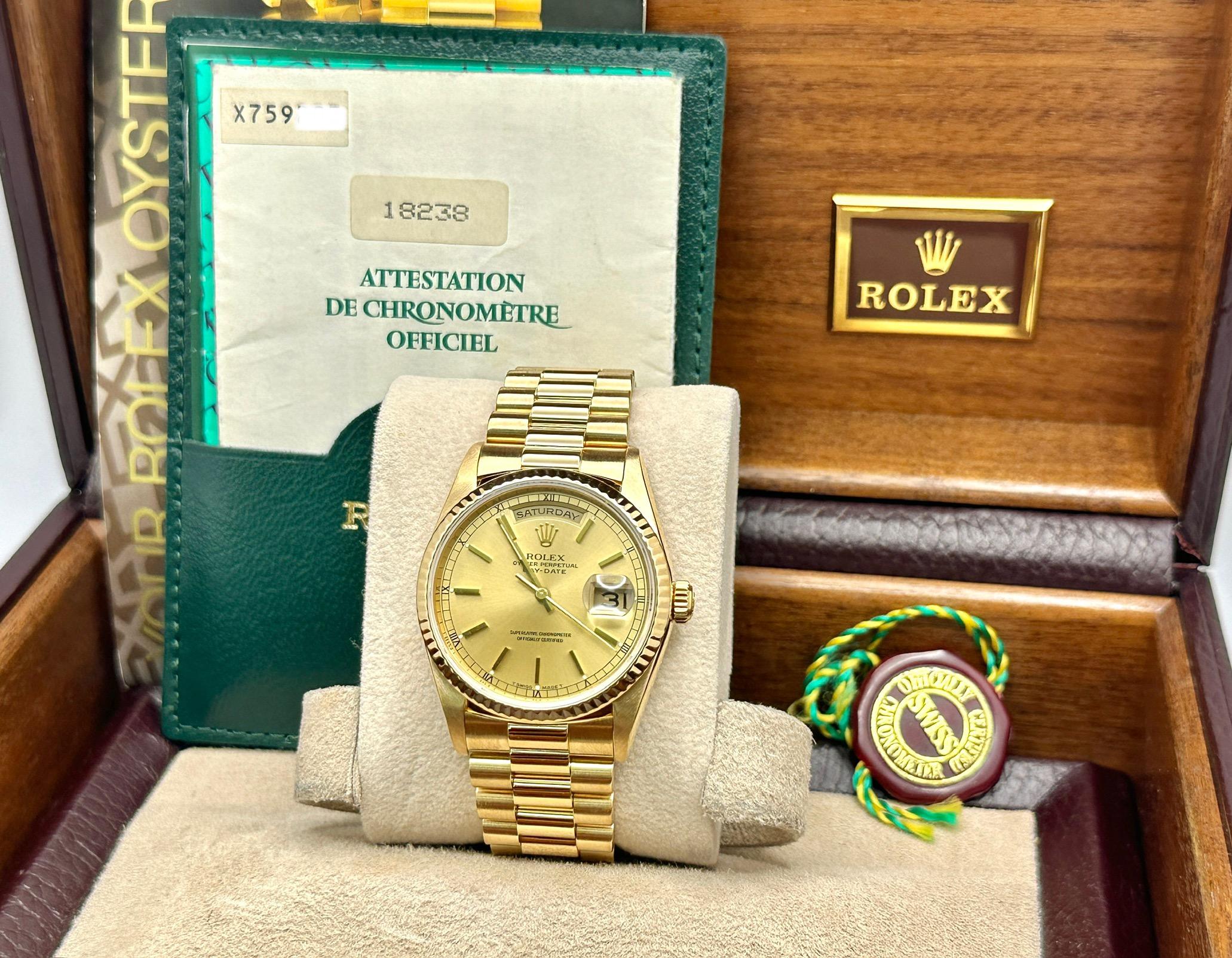 Rolex Day Date 18238 Doppio Quickset 36mm Oro Giallo 18K Scatola di Carta In condizioni ottime in vendita a San Diego, CA