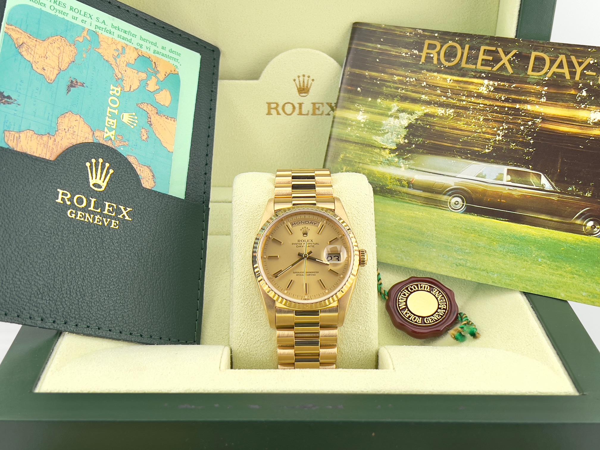 Style Number: 18238



Serial: E287***



Year: 1990

 

Model: Rolex President Day Date 

 

Case Material: 18K Yellow Gold 

 

Band: 18K Yellow Gold 

  

Bezel: 18K Yellow Gold 

  

Dial: Champagne 

 

Face: Sapphire Crystal 

 

Case Size: