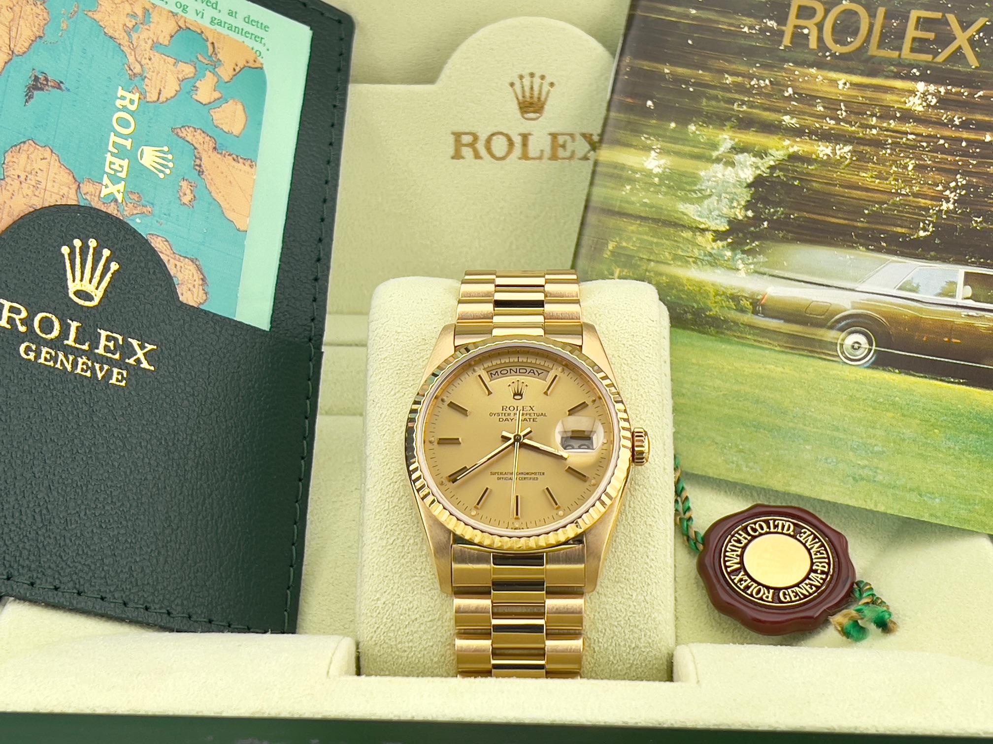Rolex President Day Date 18238 Double Quickset 36mm Champagne Dial 18K Gold Box In Excellent Condition For Sale In San Diego, CA