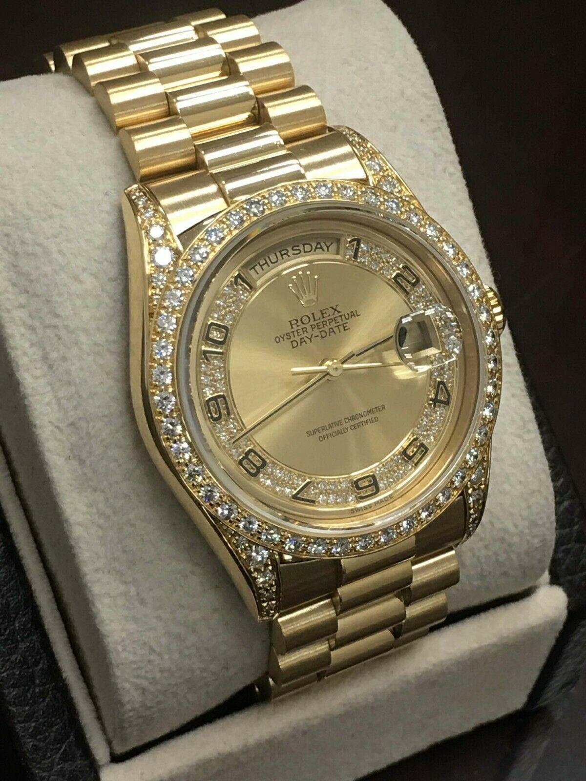 -Double Quick- 
Style Number: 18388
Serial: N601***
Model: President Day Date 
Case Material: 18K Yellow Gold 
Band: 18K Yellow Gold 
Bezel: Original Rolex Diamond Bezel and Diamond Lugs
Dial: Original Factory Rolex Myriad Diamond Dial
Face: