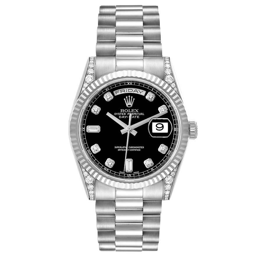 Rolex President Day-Date 18k White Gold Diamond Mens Watch 118339 Box Card. Officially certified chronometer self-winding movement with quickset date function. 18k white gold oyster case 36.0 mm in diameter. Rolex logo on a crown. Original Rolex