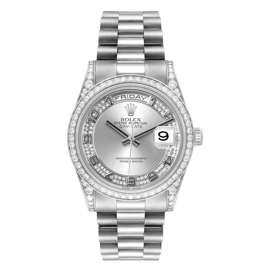 Rolex President Day-Date 18k White Gold Diamond Mens Watch 118389 Box Papers. Officially certified chronometer self-winding movement with quickset date function. 18k white gold oyster case 36.0 mm in diameter. Rolex logo on a crown. Original Rolex