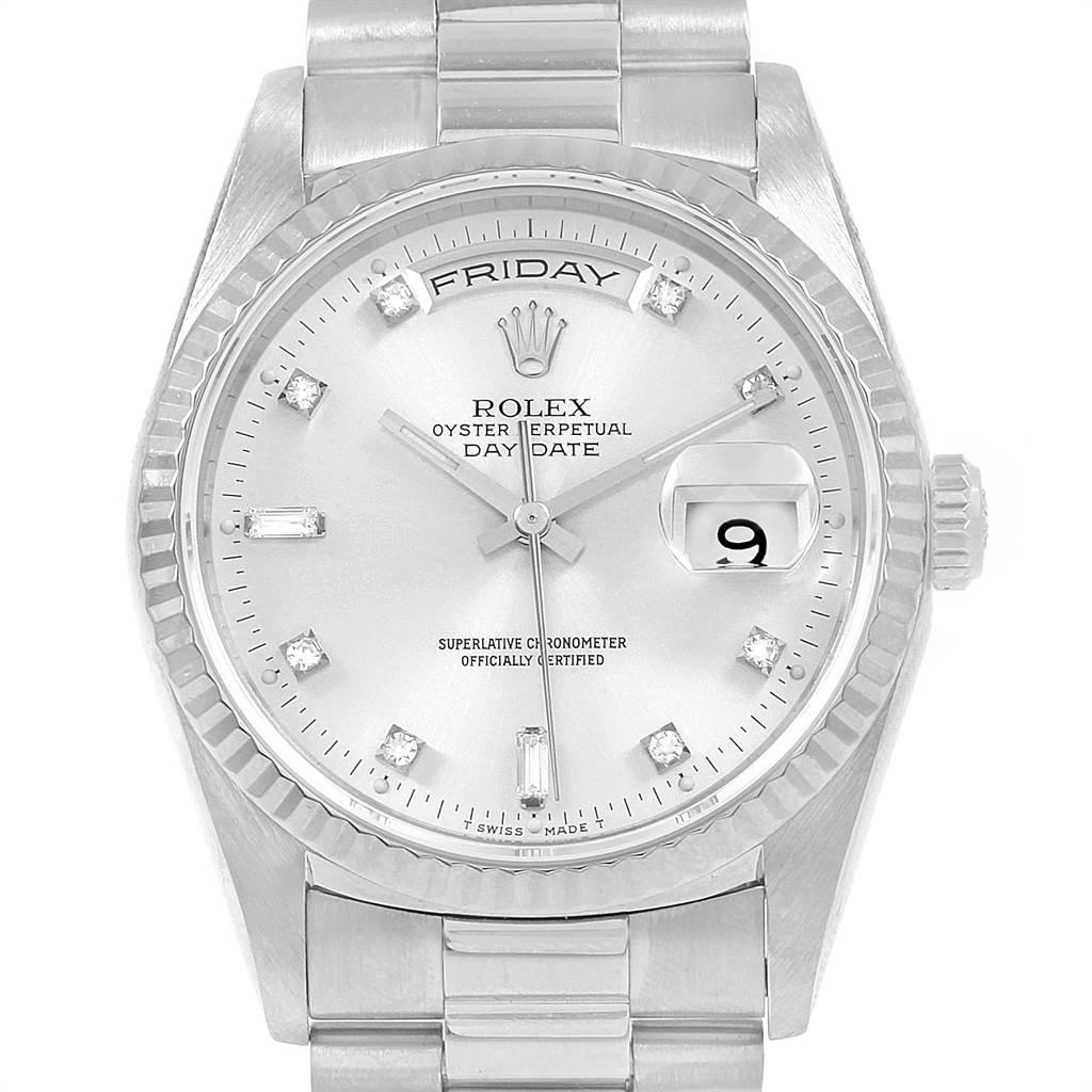 Rolex President Day-Date 18k White Gold Diamond Mens Watch 18239. Officially certified chronometer self-winding movement with quickset date function. 18k white gold oyster case 36.0 mm in diameter. Rolex logo on a crown. 18k white gold fluted bezel.