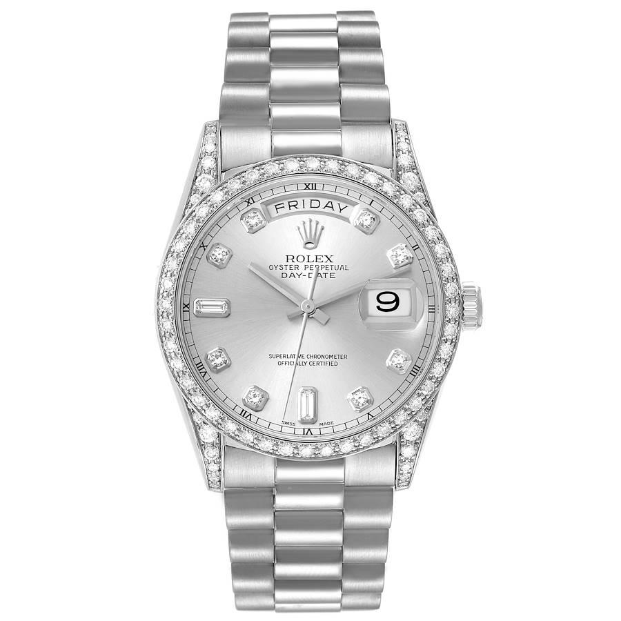 Rolex President Day-Date 18k White Gold Diamond Mens Watch 18389. Officially certified chronometer self-winding movement with quickset date function. 18k white gold oyster case 36.0 mm in diameter. Rolex logo on a crown. Original Rolex factory