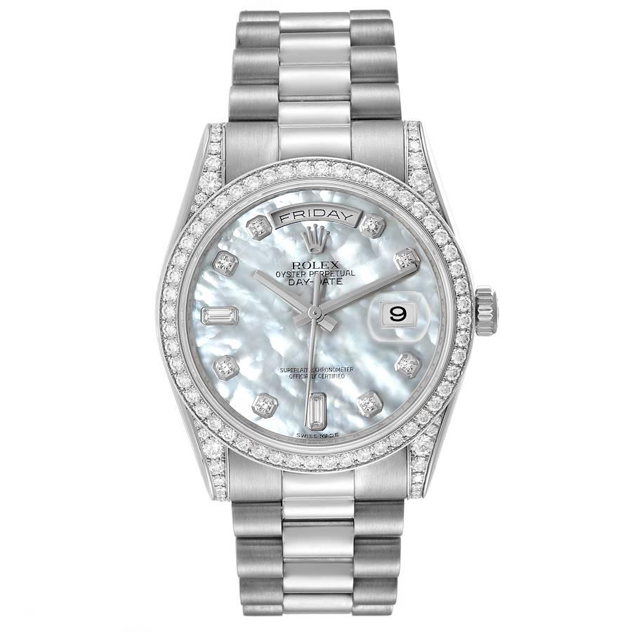 Rolex President Day-Date 18k White Gold MOP Diamond Watch 118389 Box Card. Officially certified chronometer self-winding movement with quickset date function. 18k white gold oyster case 36.0 mm in diameter. Rolex logo on a crown. Original Rolex