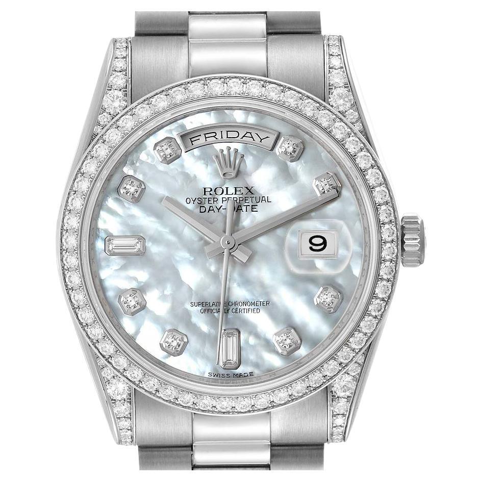Rolex President Day-Date 18k White Gold Mop Diamond Watch 118389 Box Card For Sale