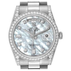 Rolex President Day-Date 18k White Gold Mop Diamond Watch 118389 Box Card