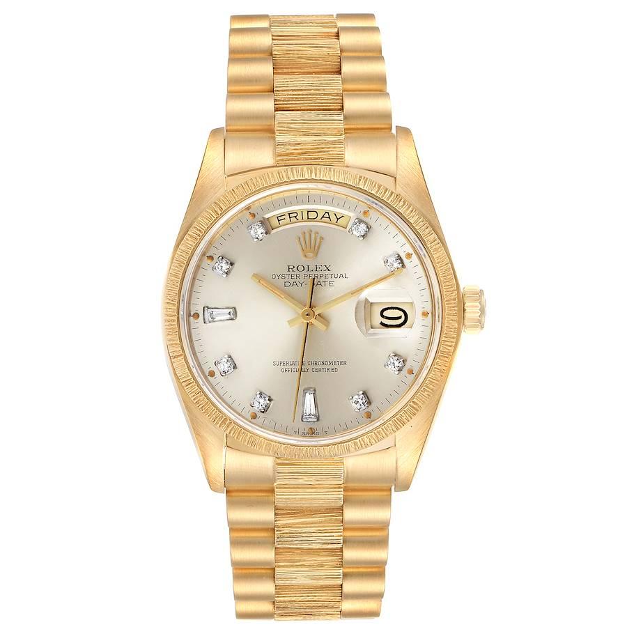 Rolex President Day-Date 18k Yellow Gold Bark Finish Mens Watch 18078. Officially certified chronometer self-winding movement with quickset date function. 18k yellow gold oyster case 36.0 mm in diameter. Rolex logo on a crown. 18k yellow gold bark
