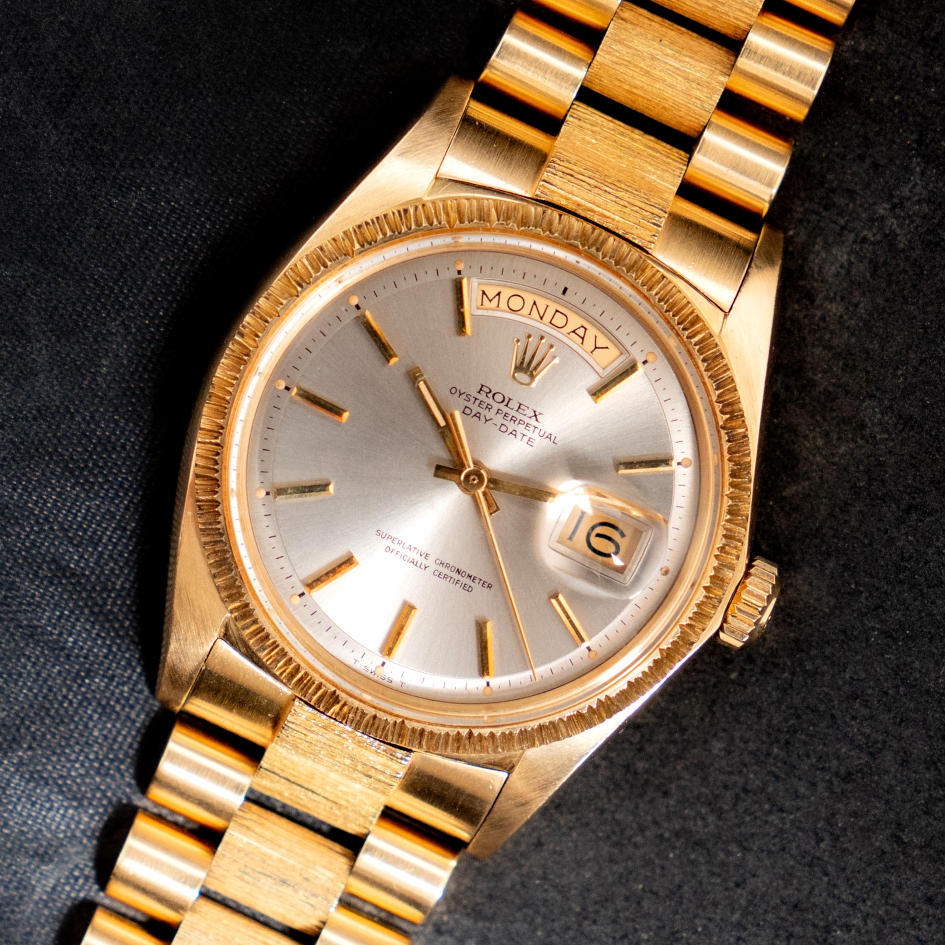 Brand: Vintage Rolex
Model: 1807
Year: 1970
Serial number: 25xxxxx
Reference: C03925; C03945

Case: 18K Yellow gold 36mm without crown; Show sign of wear with slight polish from previous; inner case back stamped 1803

Dial: Excellent Aged Condition