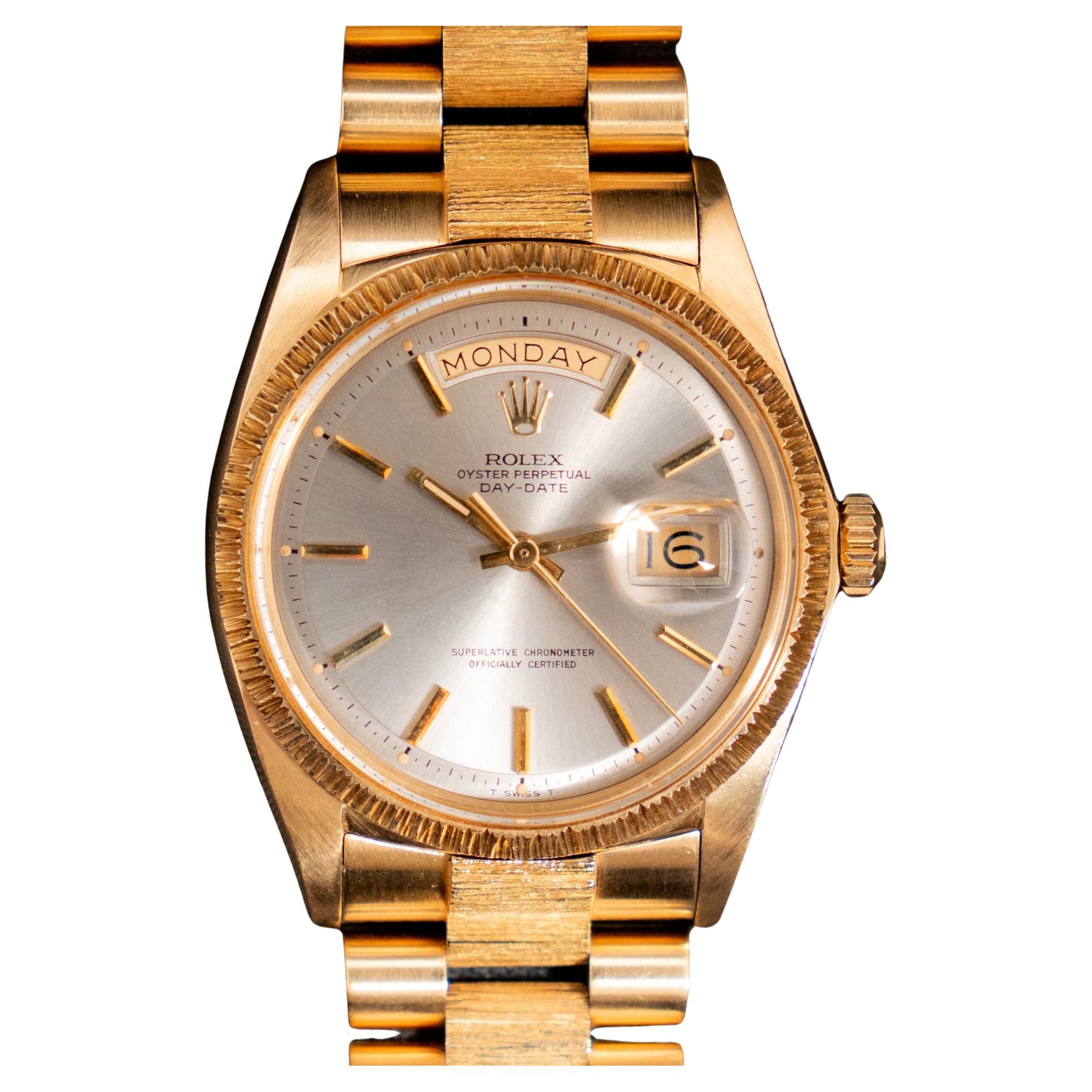 Rolex President Day-Date 18K Yellow Gold Bark Finish Silver Grey Dial 1807, 1970 For Sale