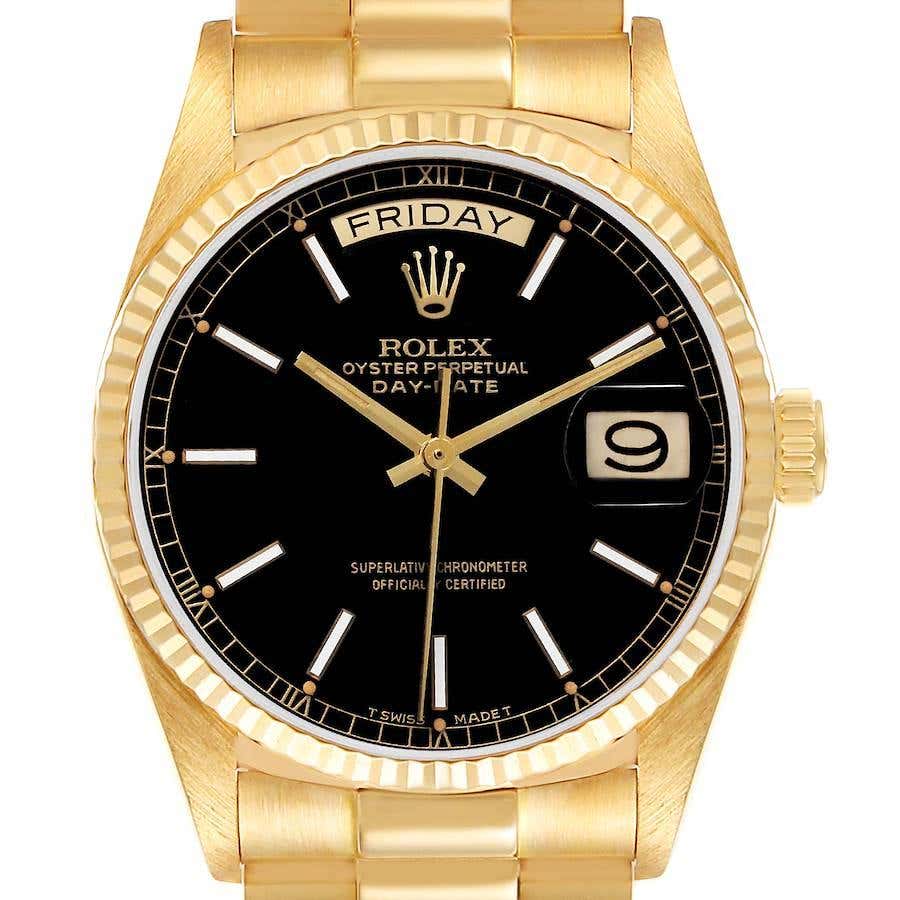Rolex President Day Date 18k Yellow Gold Black Dial Mens Watch 18038 At rolex-president-day-date-18k-yellow-gold-black-dial-mens-watch-18038-at