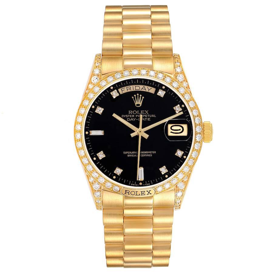 Rolex President Day-Date 18k Yellow Gold Black Diamond Dial Mens Watch 18138. Officially certified chronometer self-winding movement. 18k yellow gold oyster case 36.0 mm in diameter.  Rolex logo on a crown. Original Rolex factory diamond lugs.