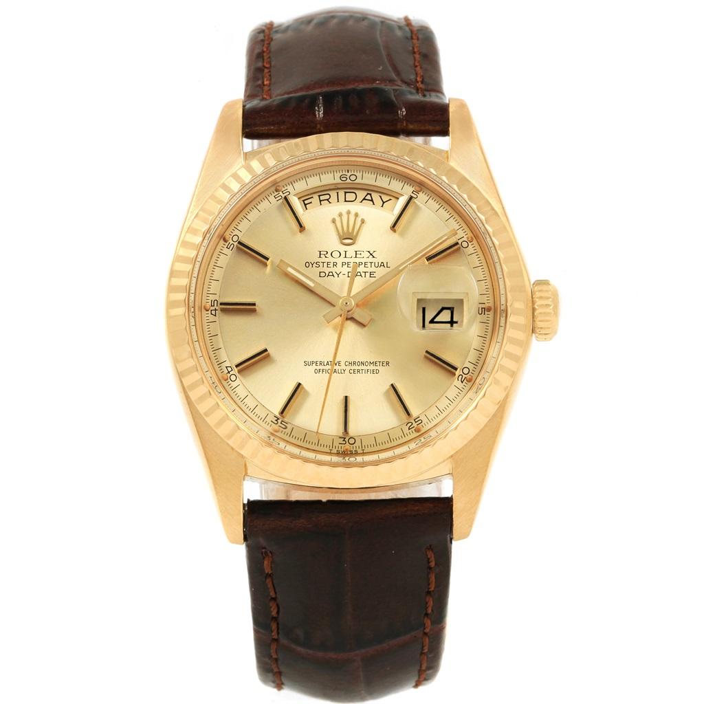 Rolex President Day-Date 18k Yellow Gold Brown Strap Mens Watch 1804. Officially certified chronometer self-winding movement. 18k yellow gold oyster case 36.0 mm in diameter. Rolex logo on a crown. 18k yellow gold fluted bezel. Scratch resistant