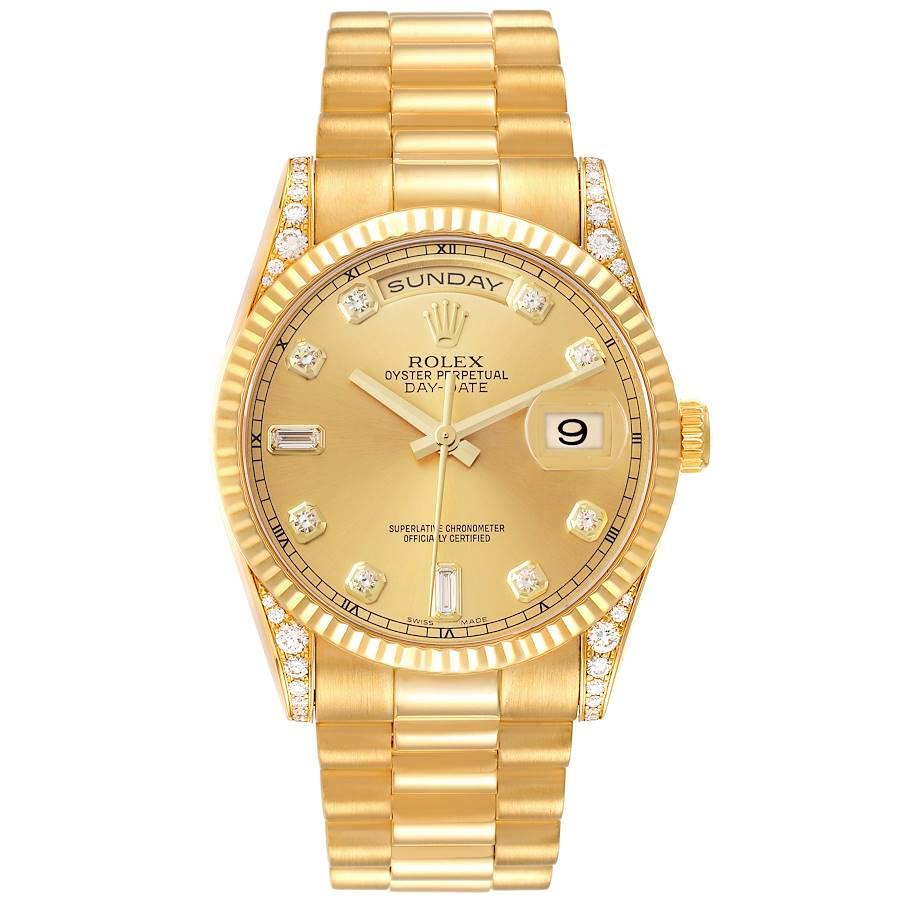 Rolex President Day Date 18k Yellow Gold Diamond Lugs Watch 118338. Officially certified chronometer self-winding movement. 18k yellow gold oyster case 36.0 mm in diameter. Rolex logo on a crown. Original Rolex factory diamond lugs. 18K yellow gold