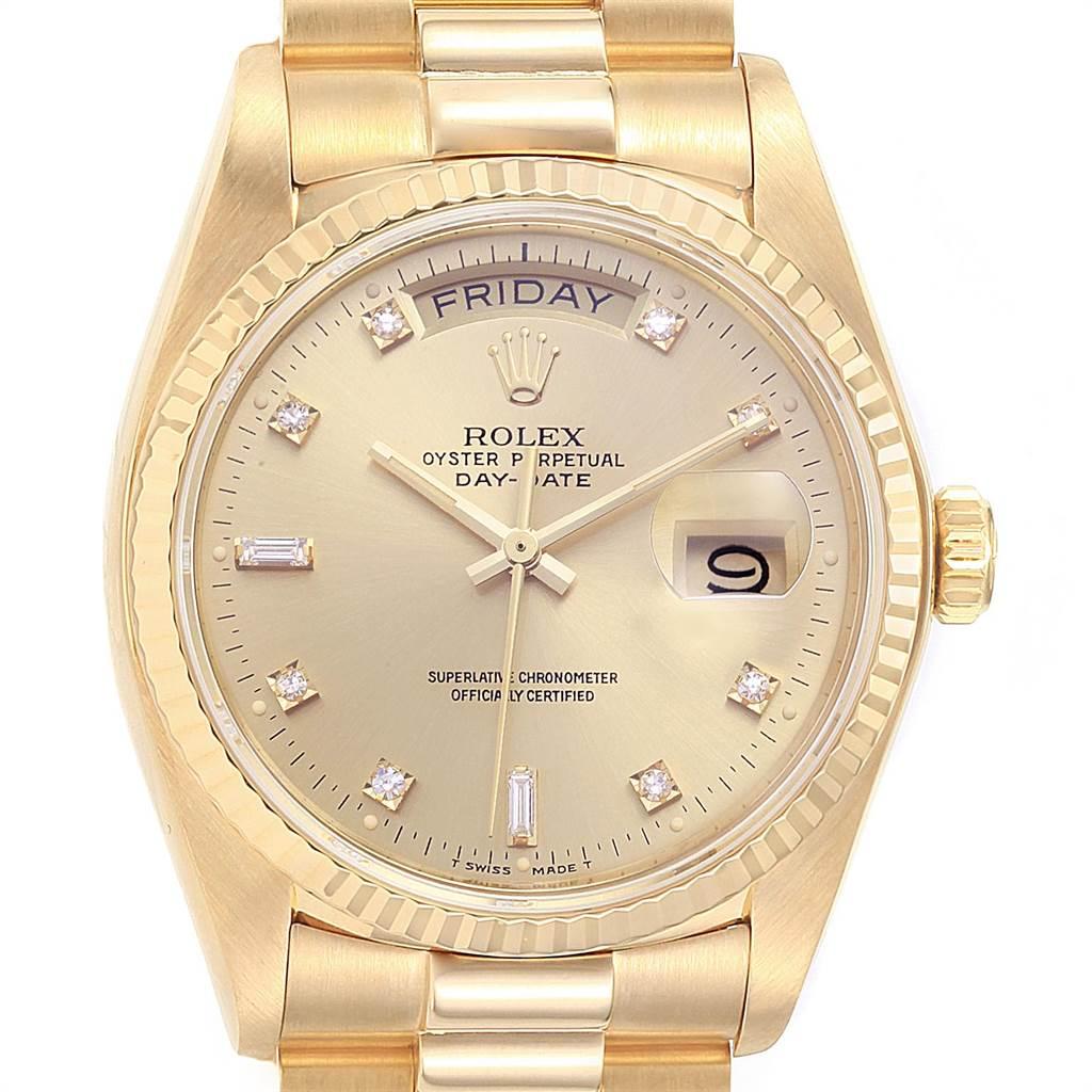 Rolex President Day Date 18k Yellow Gold Diamond Mens Watch 18038. Officially certified chronometer self-winding movement. 18k yellow gold oyster case 36 mm in diameter. Rolex logo on a crown. 18K yellow gold fluted bezel. Scratch resistant sapphire