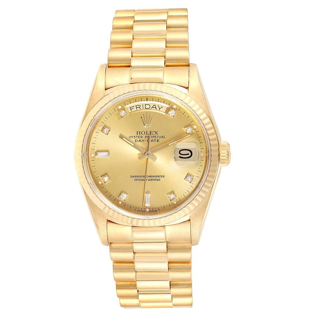 Rolex President Day-Date 18k Yellow Gold Diamond Mens Watch 18038. Officially certified chronometer automatic self-winding movement. 18k yellow gold oyster case 36 mm in diameter. Rolex logo on a crown. 18K yellow gold fluted bezel. Scratch