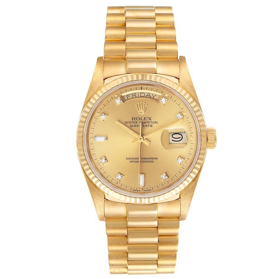 Rolex President Day-Date 18k Yellow Gold Diamond Mens Watch 18038. Officially certified chronometer self-winding movement. 18k yellow gold oyster case 36 mm in diameter. Rolex logo on a crown. 18K yellow gold fluted bezel. Scratch resistant sapphire