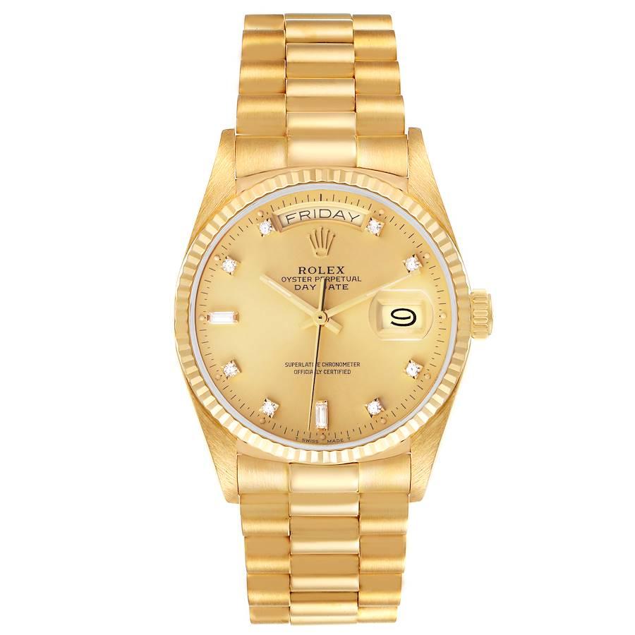 Rolex President Day-Date 18k Yellow Gold Diamond Mens Watch 18038. Officially certified chronometer self-winding movement. 18k yellow gold oyster case 36 mm in diameter. Rolex logo on a crown. 18K yellow gold fluted bezel. Scratch resistant sapphire