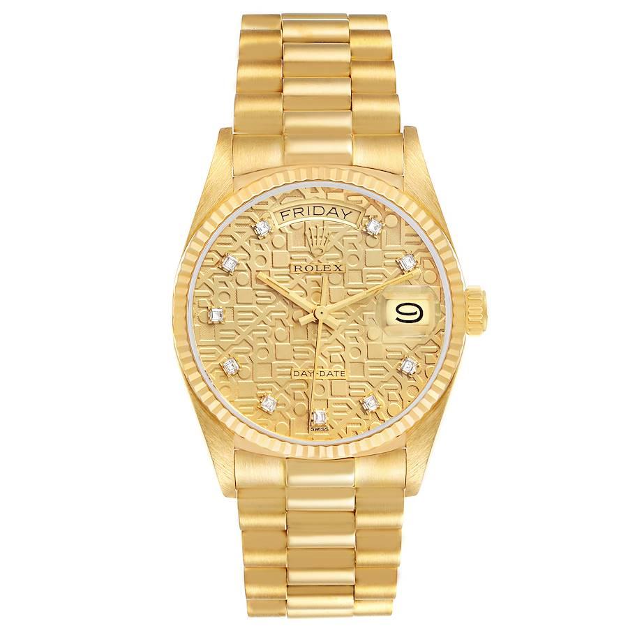 Rolex President Day-Date 18k Yellow Gold Diamond Mens Watch 18038. Officially certified chronometer self-winding movement. 18k yellow gold oyster case 36 mm in diameter. Rolex logo on a crown. 18K yellow gold fluted bezel. Scratch resistant sapphire