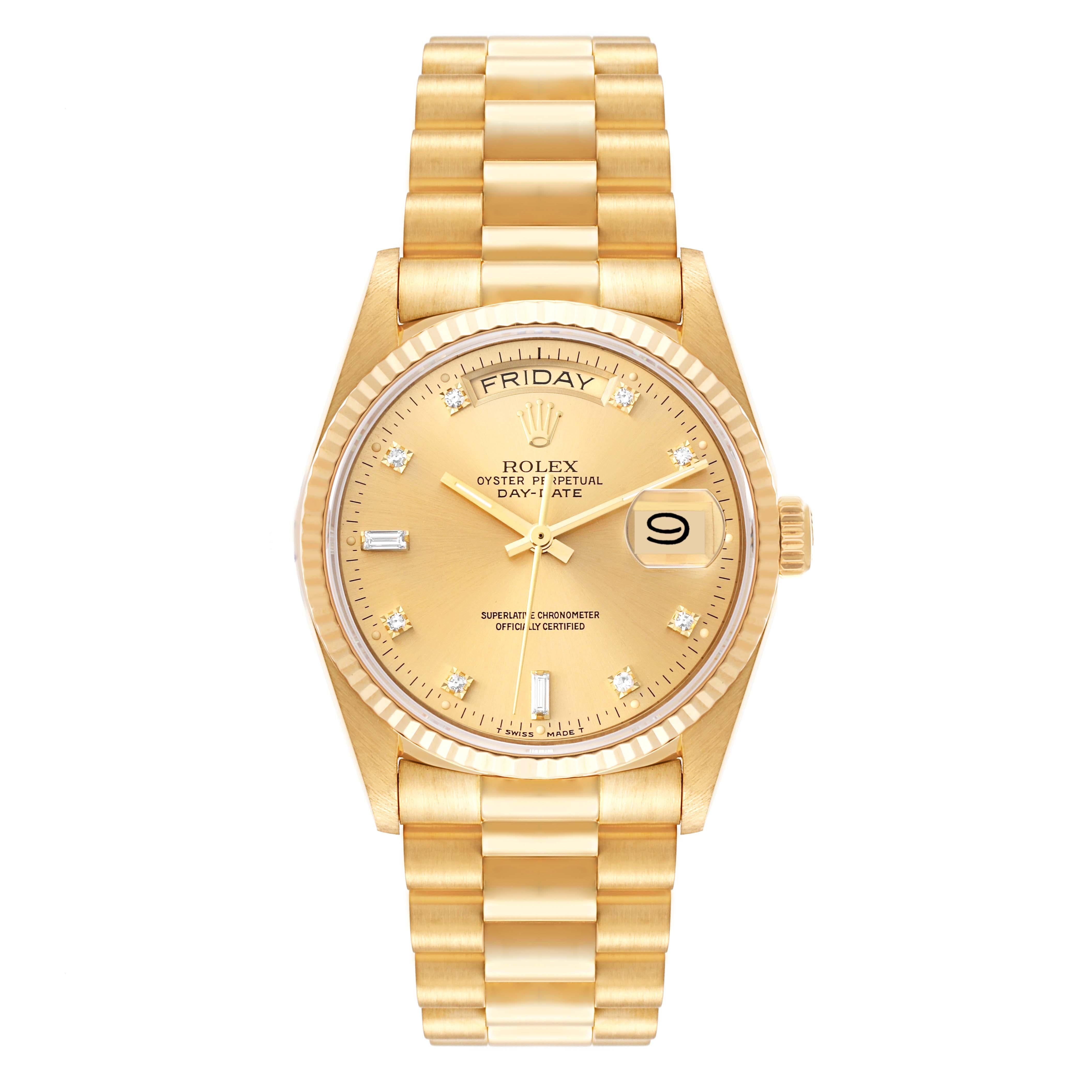 Rolex President Day-Date 18k Yellow Gold Diamond Mens Watch 18038. Officially certified chronometer automatic self-winding movement. 18k yellow gold oyster case 36 mm in diameter. Rolex logo on a crown. 18K yellow gold fluted bezel. Scratch