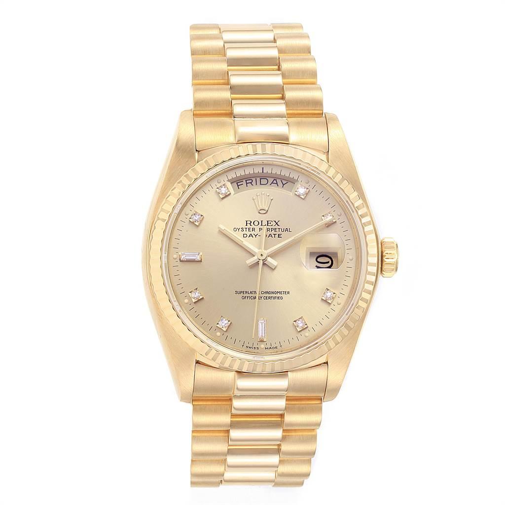 Rolex President Day Date 18 Karat Yellow Gold Diamond Men's Watch 18038 In Excellent Condition For Sale In Atlanta, GA
