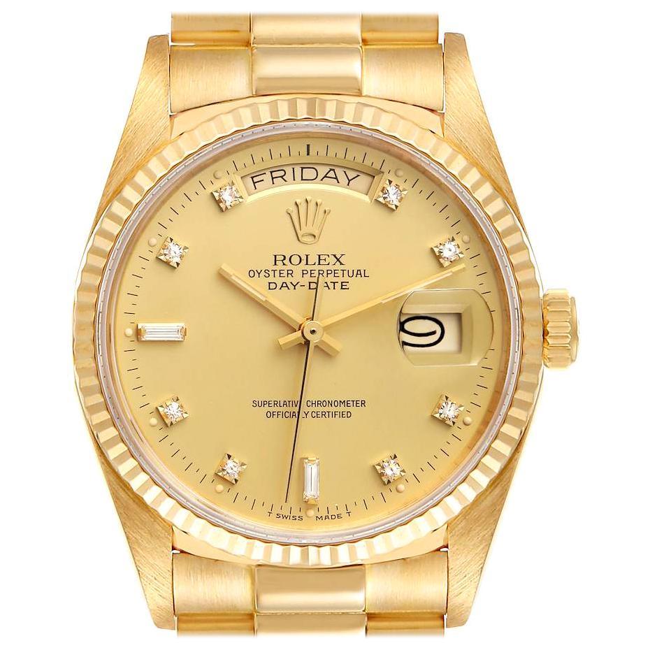 Rolex President Day-Date 18k Yellow Gold Diamond Mens Watch 18038 For Sale  at 1stDibs
