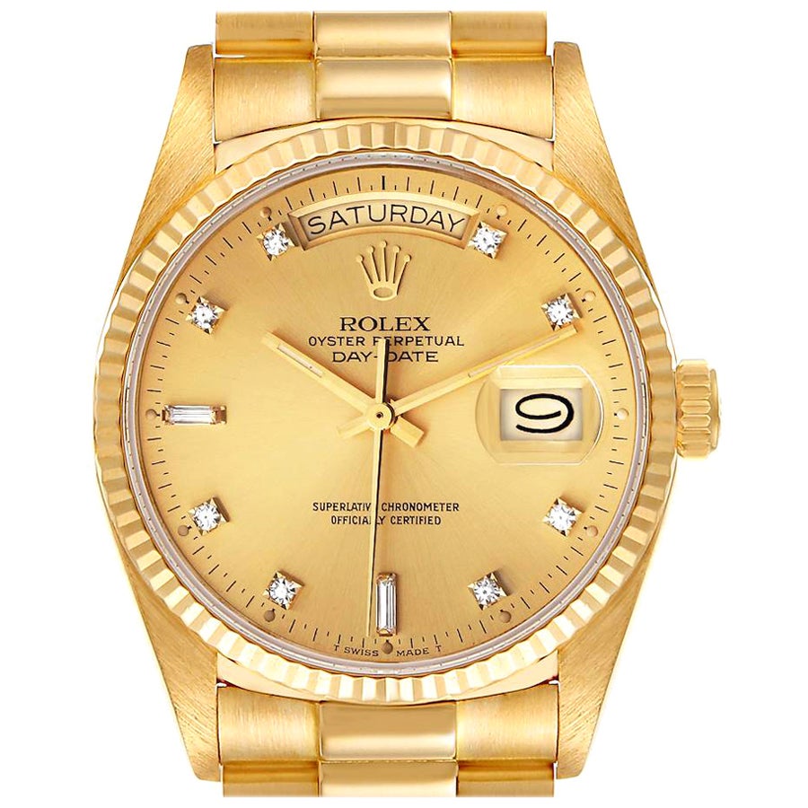 Rolex President Day-Date 18k Yellow Gold Diamond Mens Watch 18038 For Sale