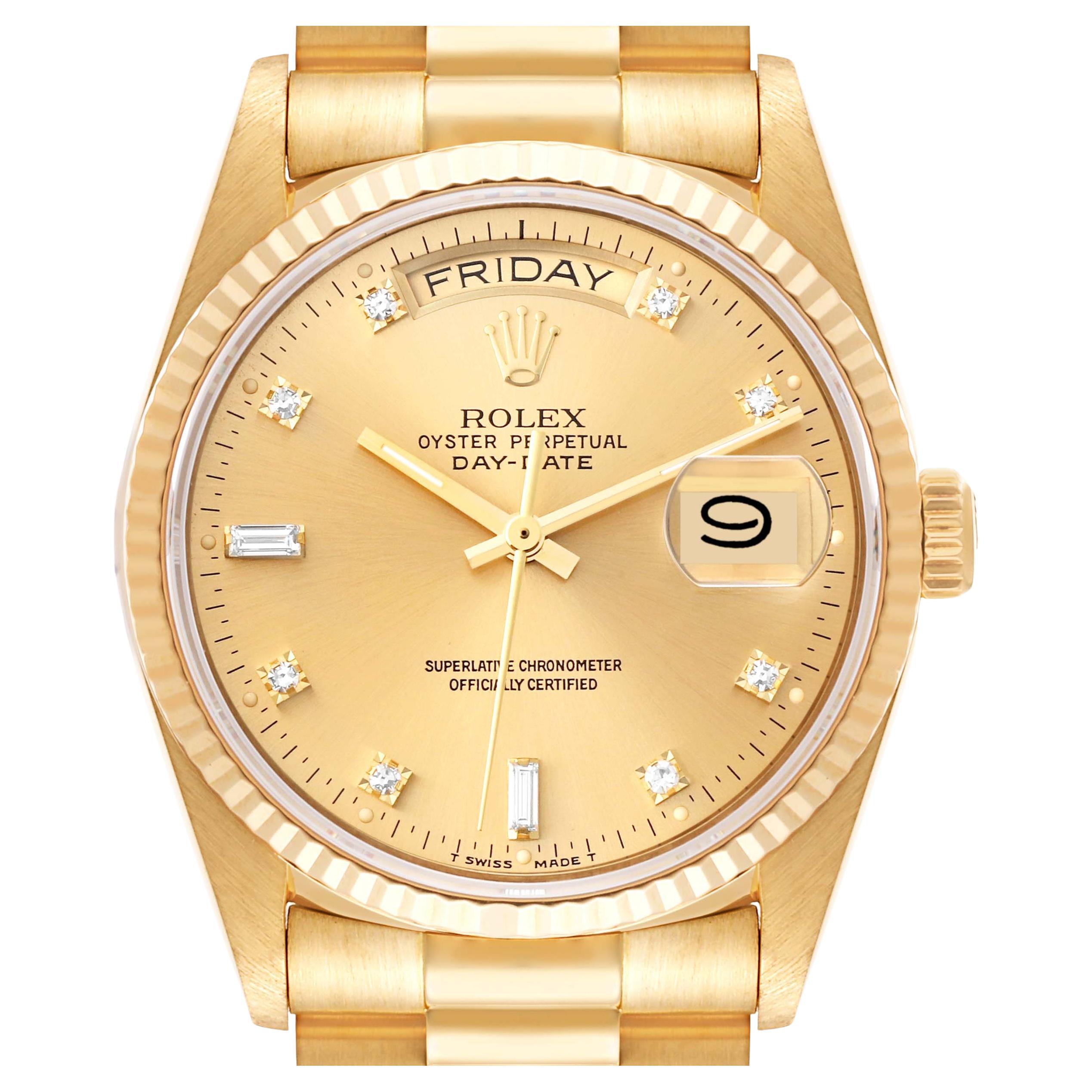 Rolex President Day-Date 18k Yellow Gold Diamond Mens Watch 18038 For Sale