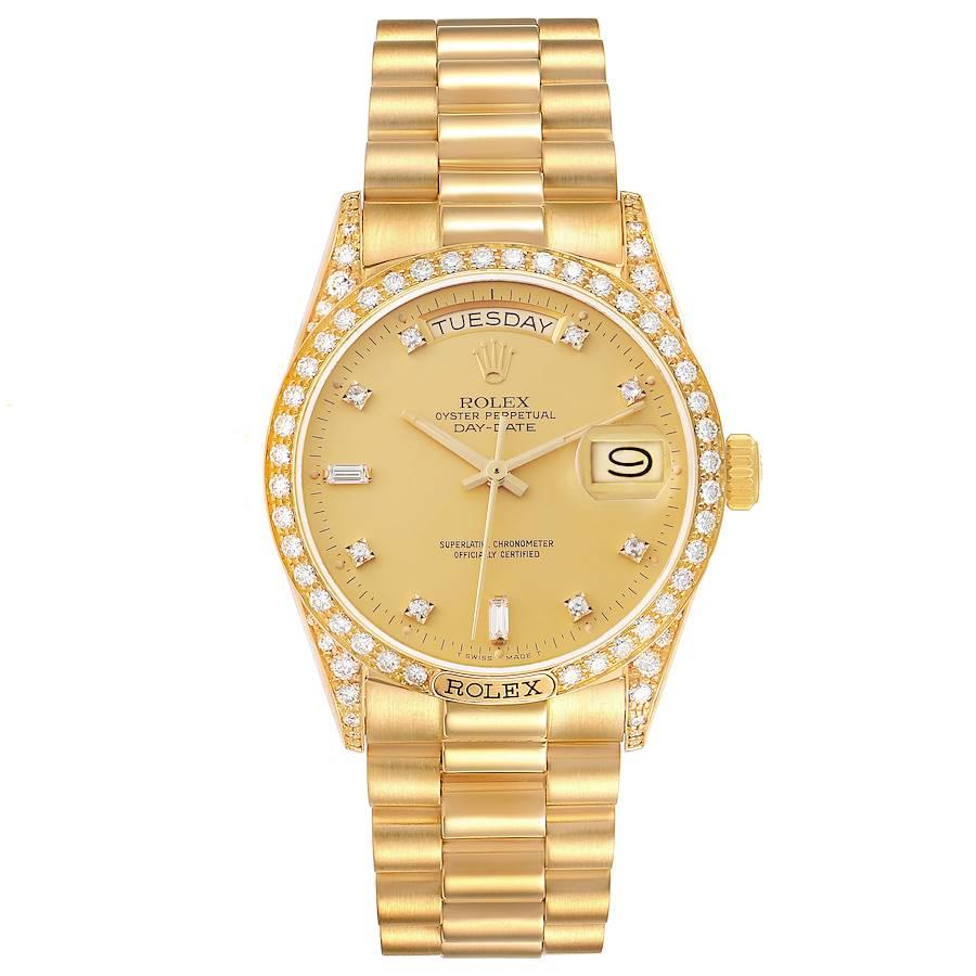 Rolex Präsident Day-Date 18k Gelbgold Diamant Herrenuhr 18138. Offiziell zertifiziertes Chronometerwerk mit automatischem Aufzug. Oyster-Gehäuse aus 18 Karat Gelbgold mit einem Durchmesser von 36,0 mm.  Rolex Logo auf einer Krone. Original Rolex