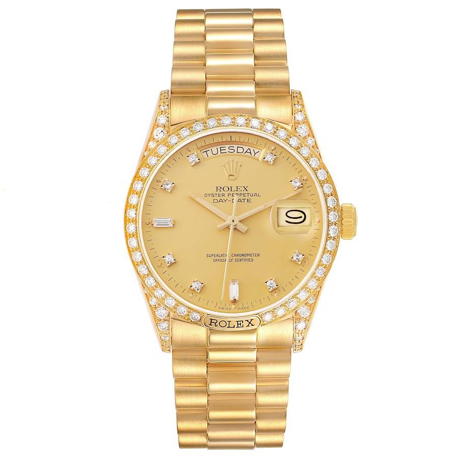 Rolex President Day-Date 18k Yellow Gold Diamond Mens Watch 18138. Officially certified chronometer self-winding movement. 18k yellow gold oyster case 36.0 mm in diameter.  Rolex logo on a crown. Original Rolex factory diamond lugs. Original Rolex