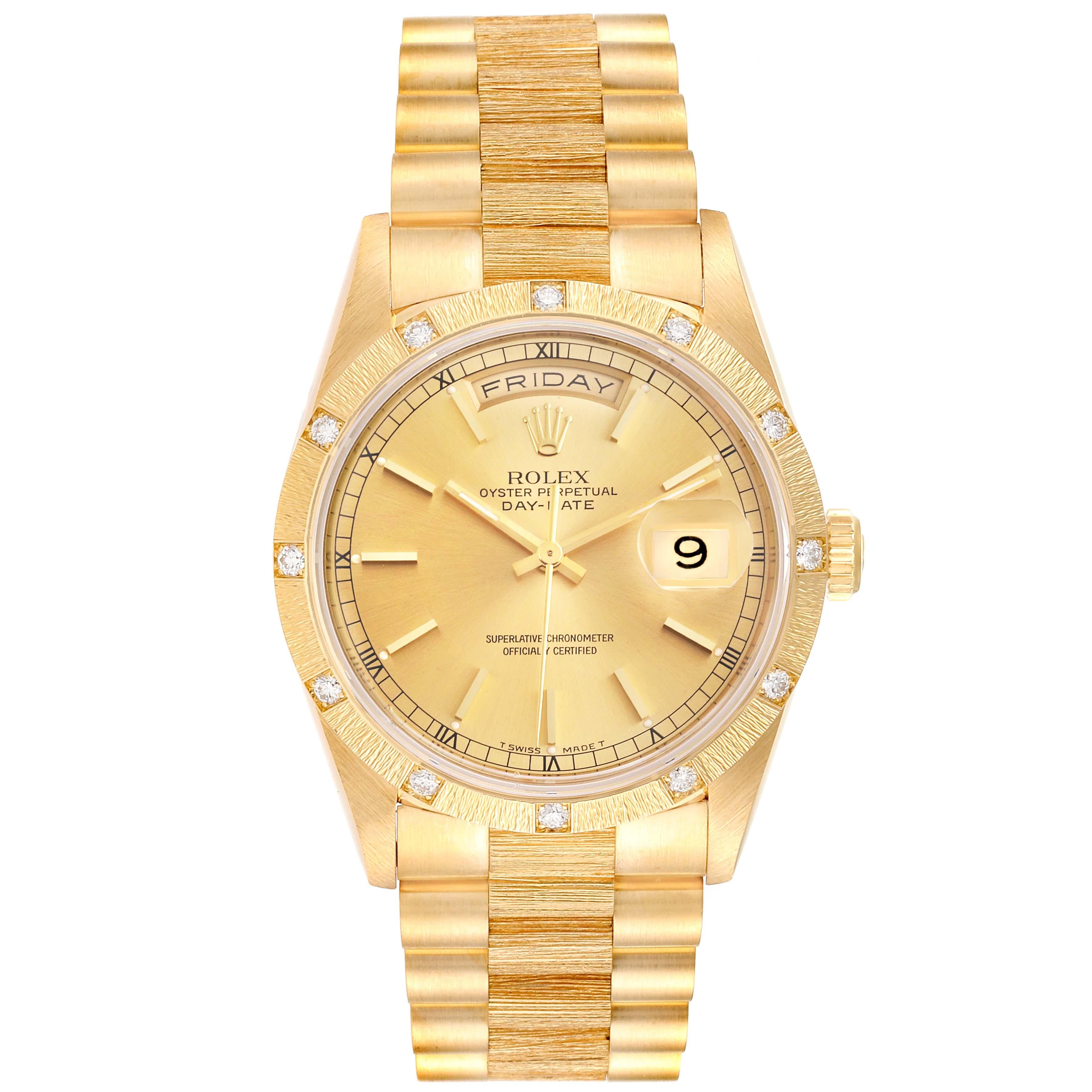 Rolex President Day-Date 18K Yellow Gold Diamond Mens Watch 18308. Officially certified chronometer self-winding movement with quickset date function. 18k yellow gold oyster case 36.0 mm in diameter. Rolex logo on a crown. 18k yellow gold original