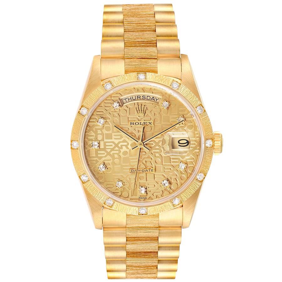 Rolex President Day-Date 18K Yellow Gold Diamond Mens Watch 18308. Officially certified chronometer self-winding movement with quickset date function. 18k yellow gold oyster case 36.0 mm in diameter. Rolex logo on a crown. 18k yellow gold original