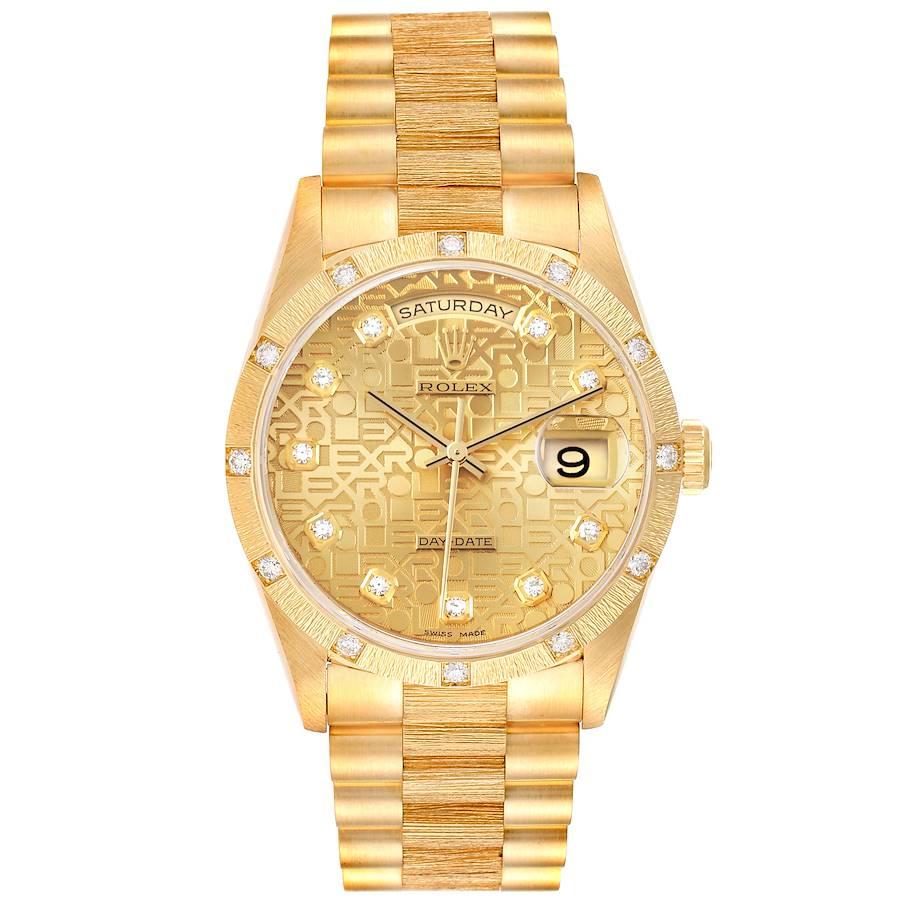 Rolex President Day-Date 18K Yellow Gold Diamond Mens Watch 18308. Officially certified chronometer self-winding movement with quickset date function. 18k yellow gold oyster case 36.0 mm in diameter. Rolex logo on a crown. 18k yellow gold original