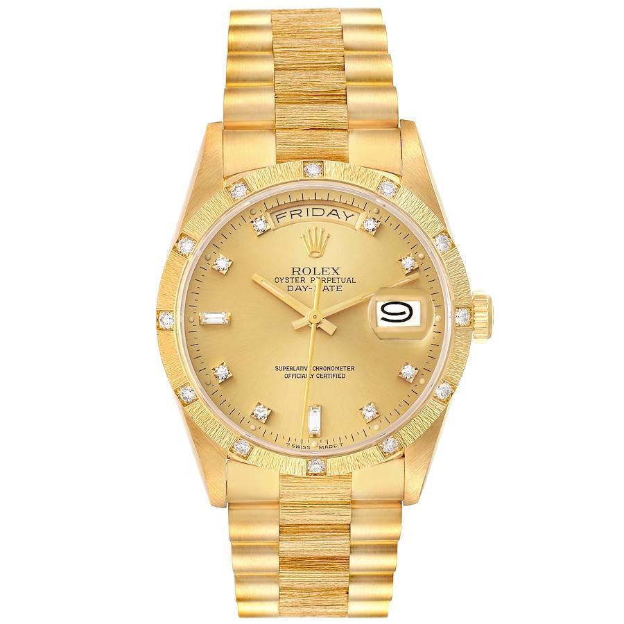 Rolex President Day-Date 18K Yellow Gold Diamond Mens Watch 18308. Officially certified chronometer self-winding movement with quickset date function. 18k yellow gold oyster case 36.0 mm in diameter. Rolex logo on a crown. 18k yellow gold original