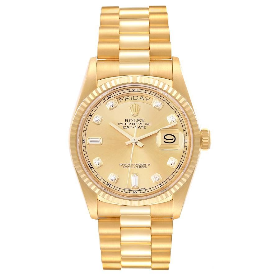 Rolex President Day-Date 18k Yellow Gold Diamond Watch 18038 Box Service Card. Officially certified chronometer self-winding movement. 18k yellow gold oyster case 36 mm in diameter. Rolex logo on a crown. 18K yellow gold fluted bezel. Scratch
