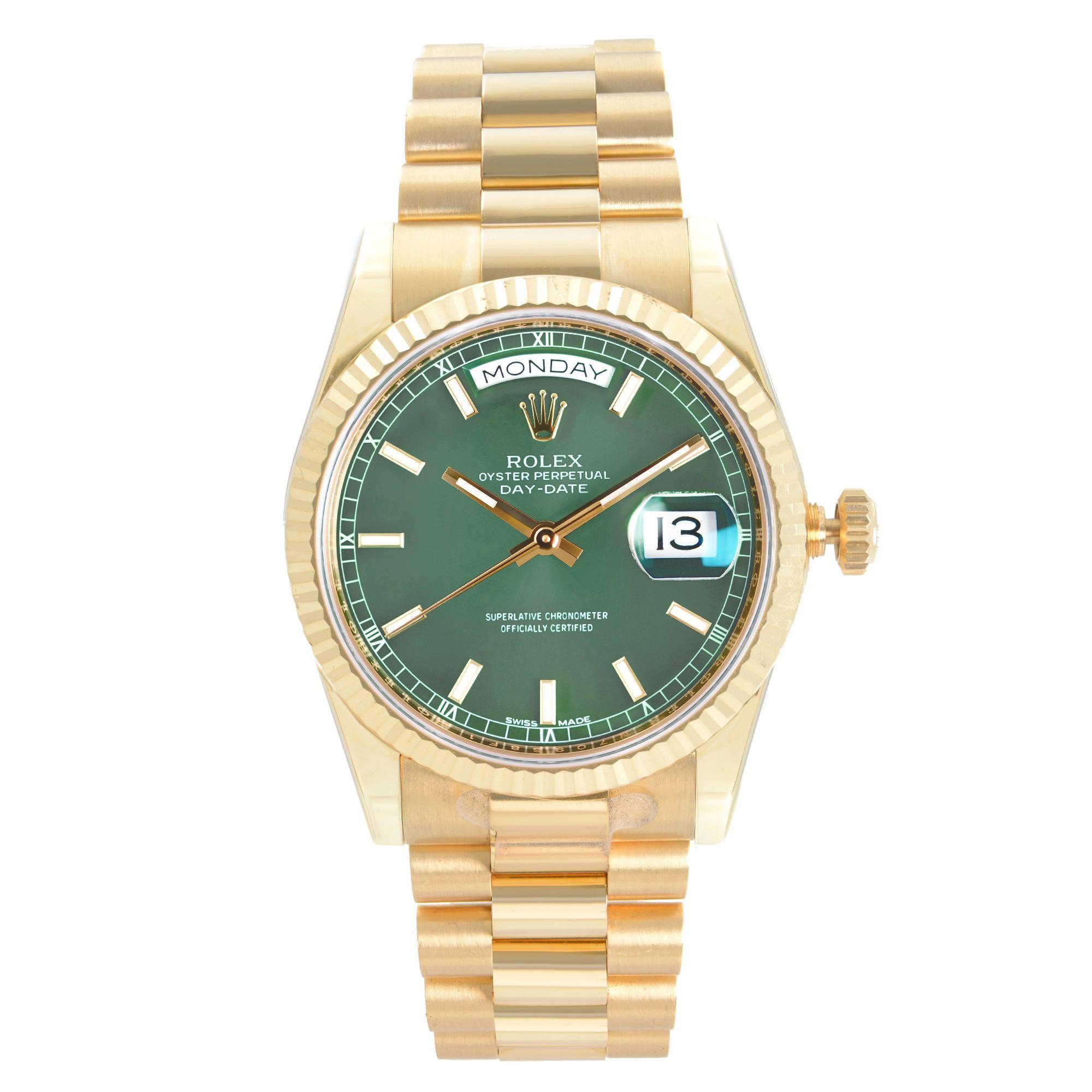 Reservere Skrøbelig Fange Rolex President Day-Date 18K Yellow Gold Green Dial Mens Watch 118238 at  1stDibs