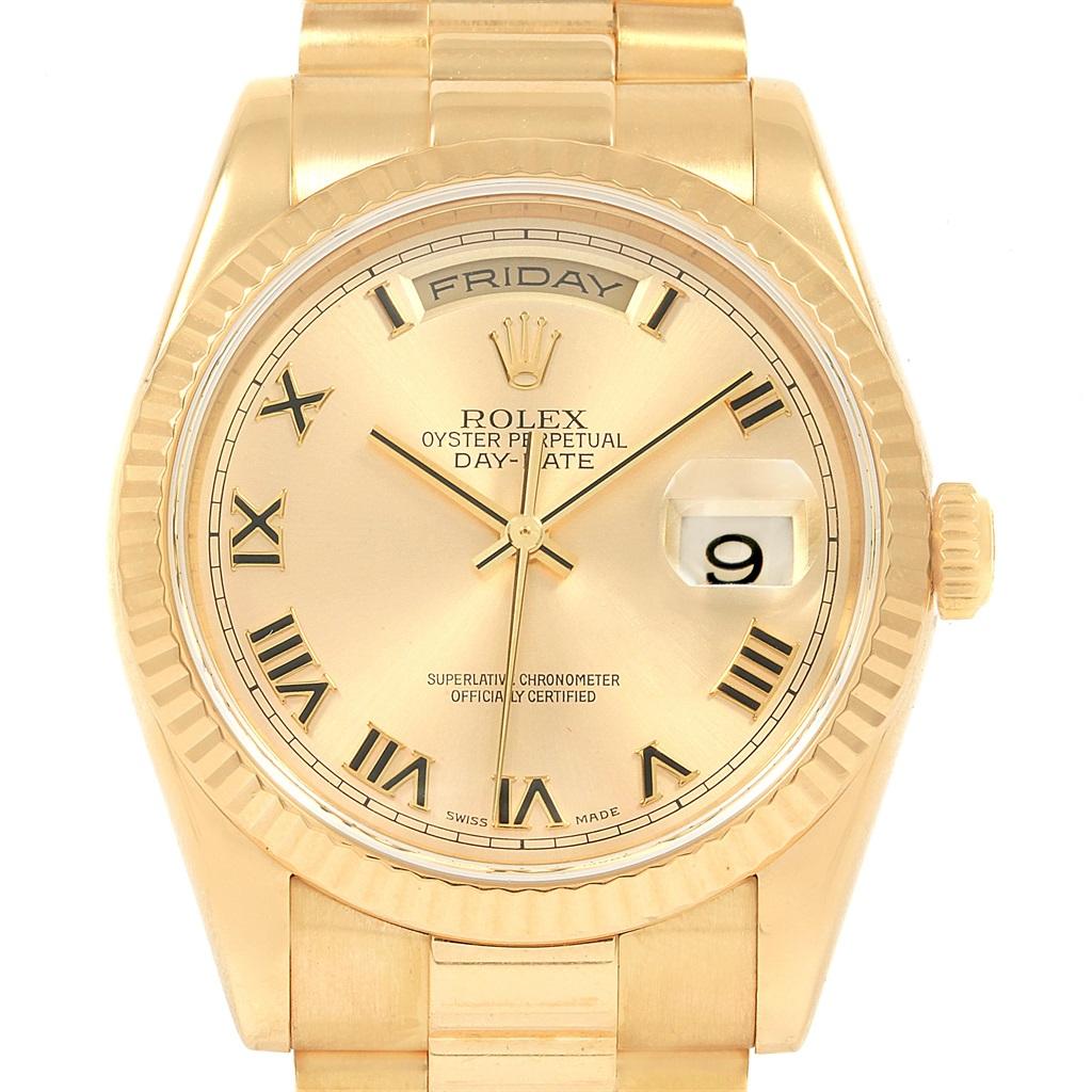 Rolex President Day Date 18K Yellow Gold Mens Watch 118238. Officially certified chronometer self-winding movement. double quick set function. 18k yellow gold oyster case 36.0 mm in diameter. Rolex logo on a crown. 18K yellow gold fluted bezel.
