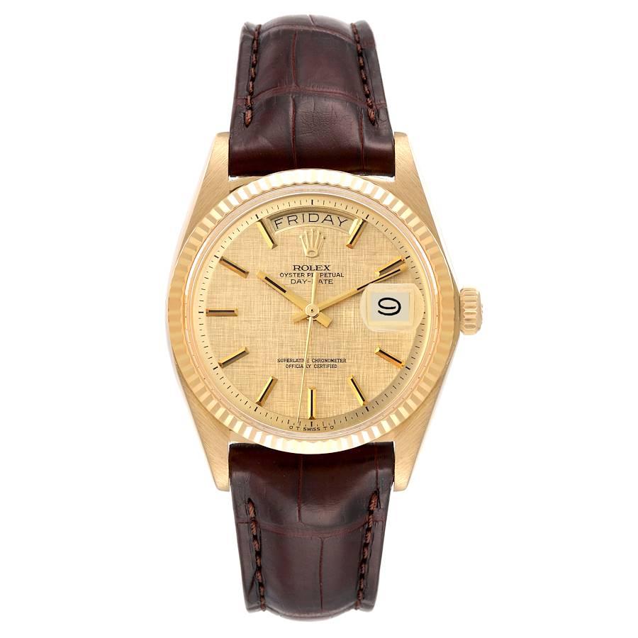 Rolex President Day-Date 18K Yellow Gold Sigma Dial Vintage Mens Watch 1803. Officially certified chronometer automatic self-winding movement. 18k yellow gold oyster case 36.0 mm in diameter. Rolex logo on the crown. 18k yellow gold fluted bezel.