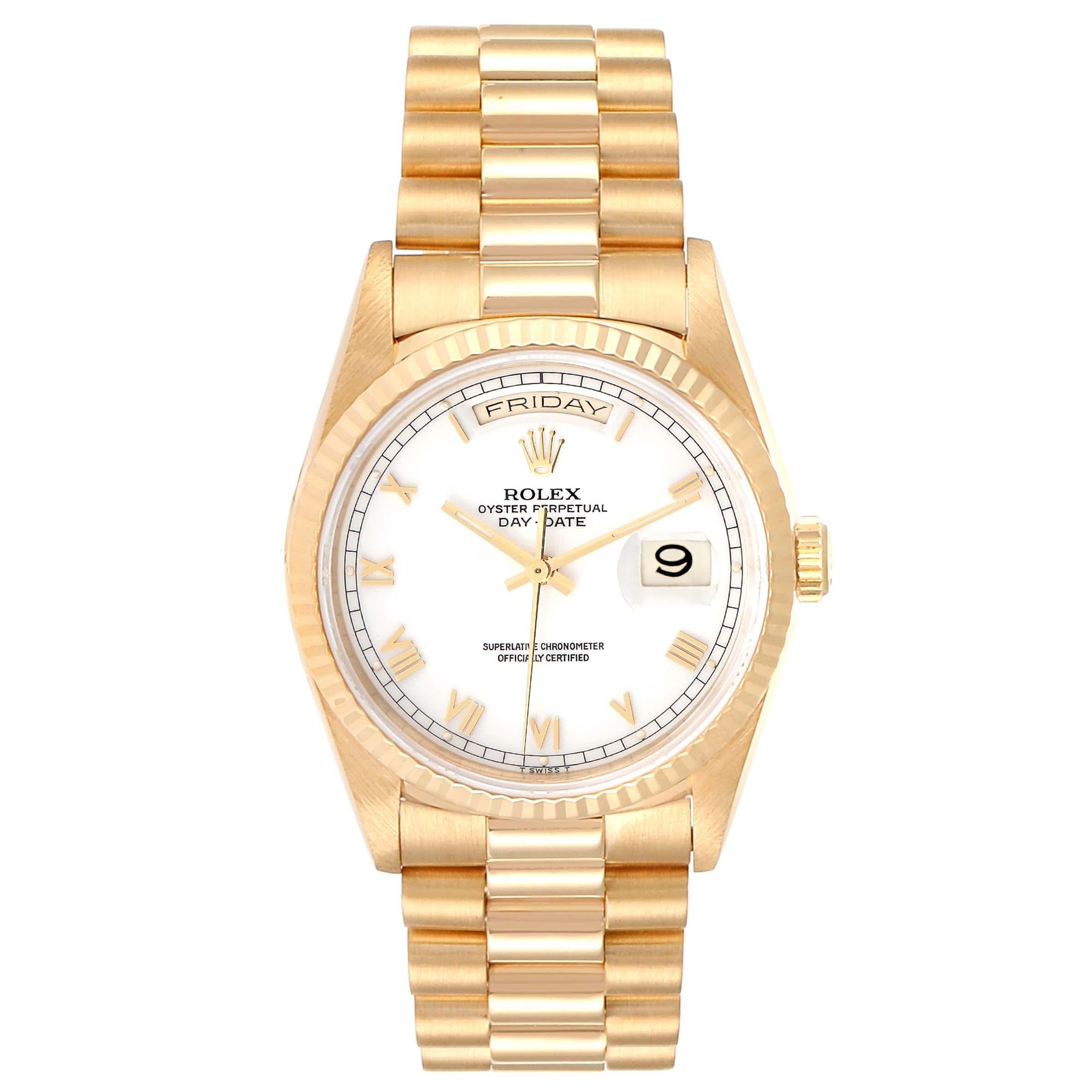 Rolex President Day-Date 18k Yellow Gold White Dial Mens Watch 18238. Officially certified chronometer self-winding movement. 18k yellow gold oyster case 36.0 mm in diameter. Rolex logo on a crown. 18K yellow gold fluted bezel. Scratch resistant